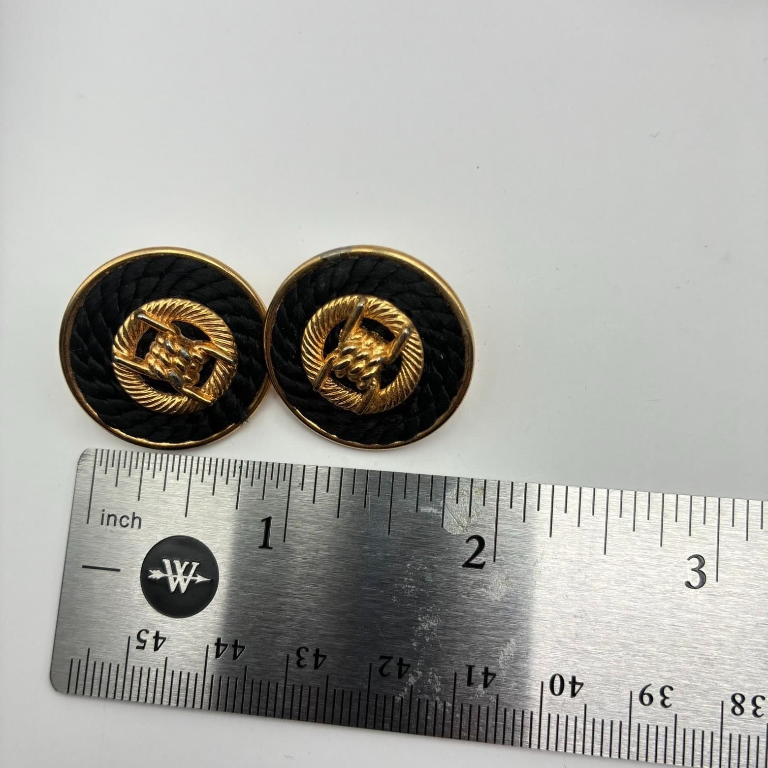 Vintage 80s Black Rope Gold Tone Round Button Stud Earrings Nautical Jewelry - Thumbnail 9