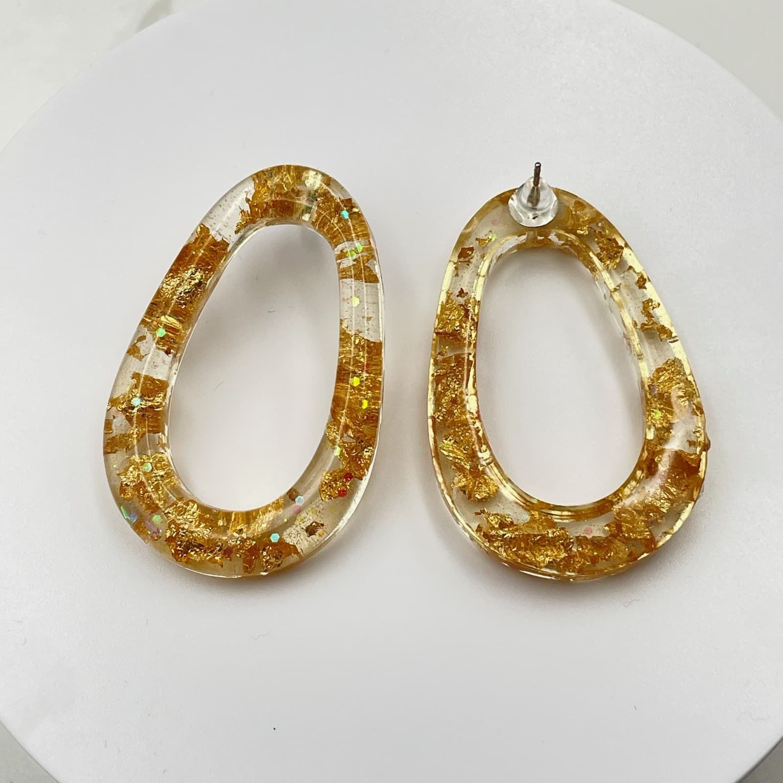 Vintage VTG Clear Resin Gold Flake Oval Hoop Stud Earrings Boho Fashion Jewelry - Thumbnail 3