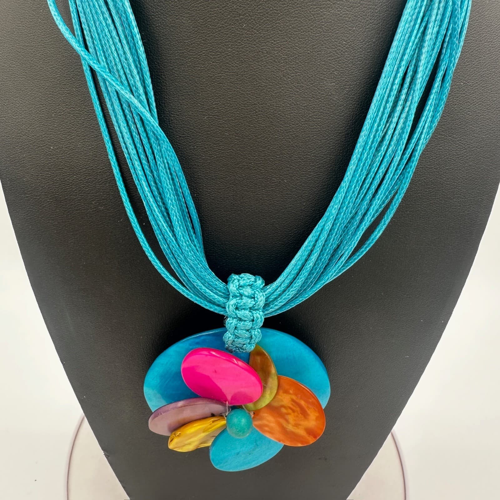 Boho Multicolor Shell Flower Pendant on Turquoise Cord Necklace - Thumbnail 3