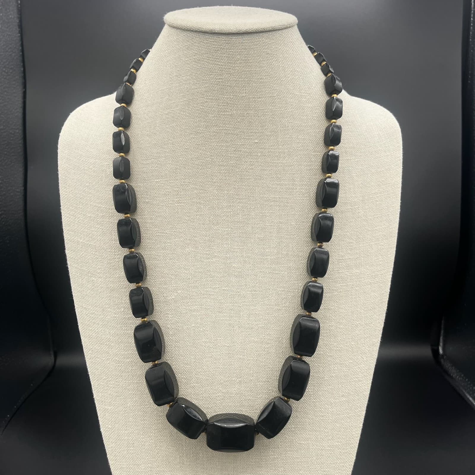 Vintage Black Lucite Chunky Beaded Necklace Gold Tone Accents - Image 1