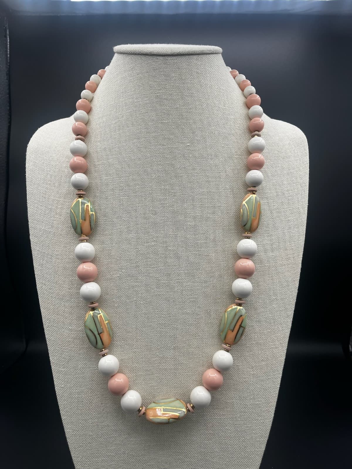 Vintage Pink White Green Ceramic Bead Necklace w/ Copper Spacers Statement - Image 1