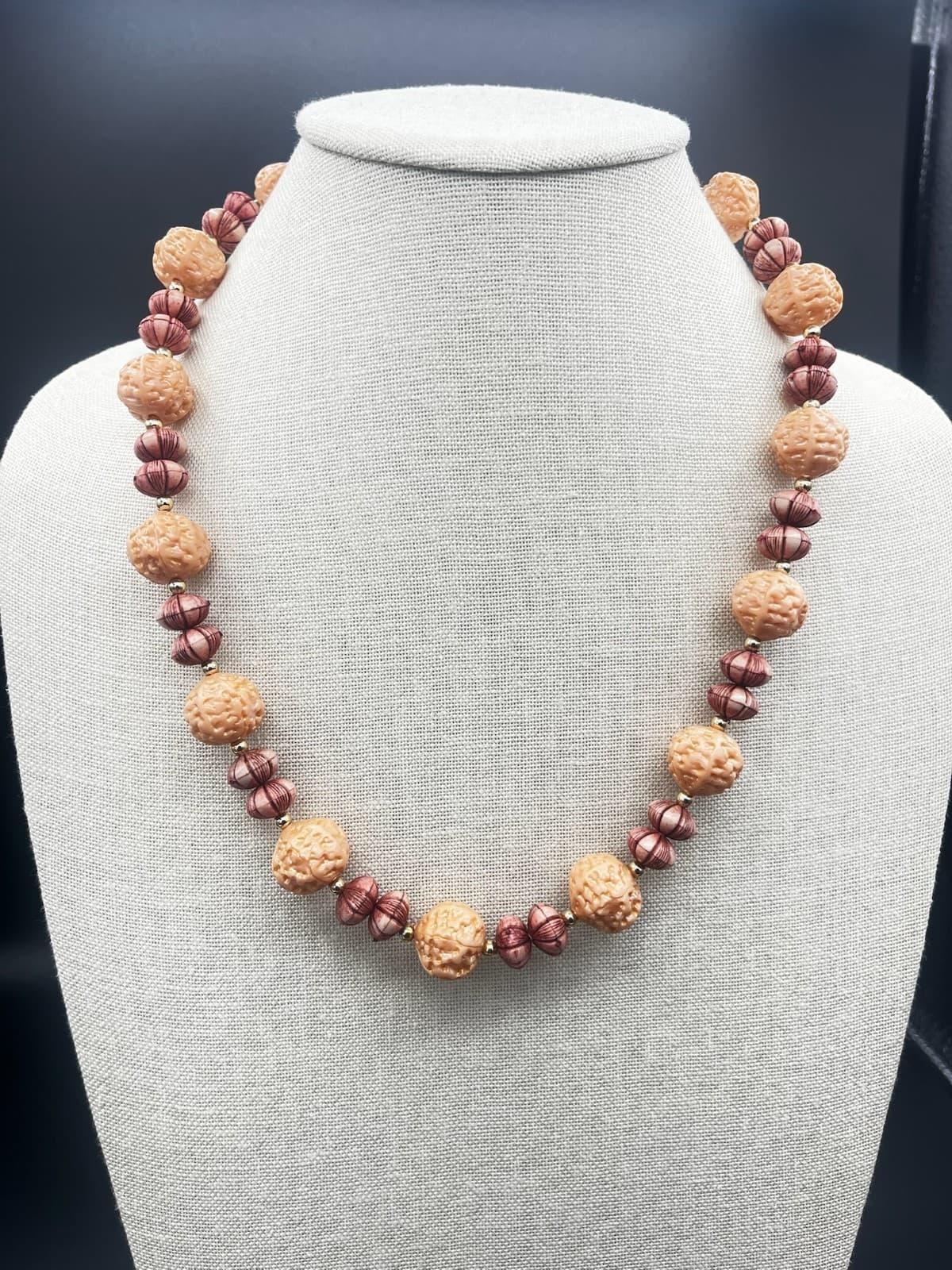 Vintage Chunky Peach & Maroon Beaded Statement Necklace Y2K Boho - Image 1