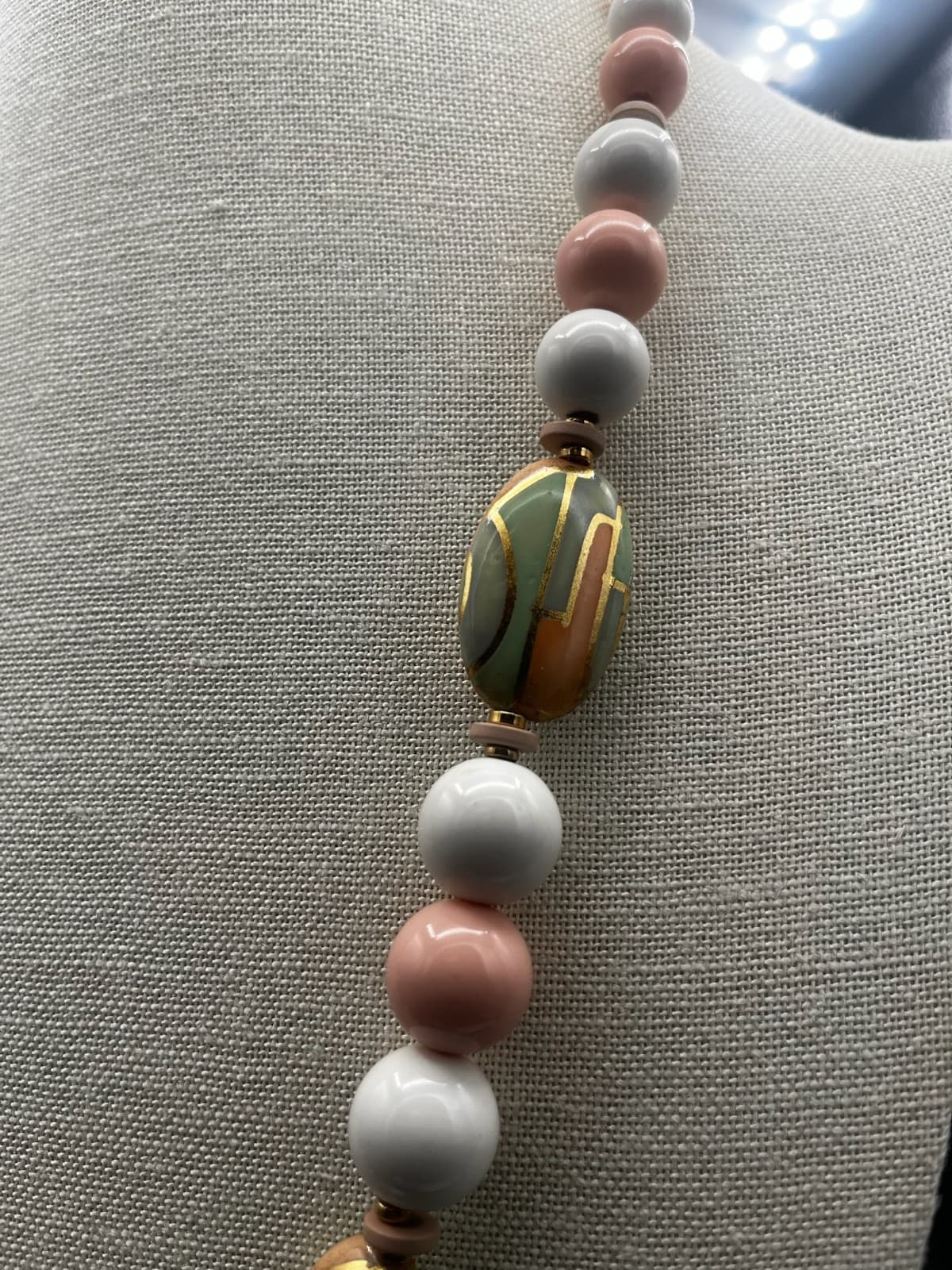 Vintage Pink White Green Ceramic Bead Necklace w/ Copper Spacers Statement - Thumbnail 4