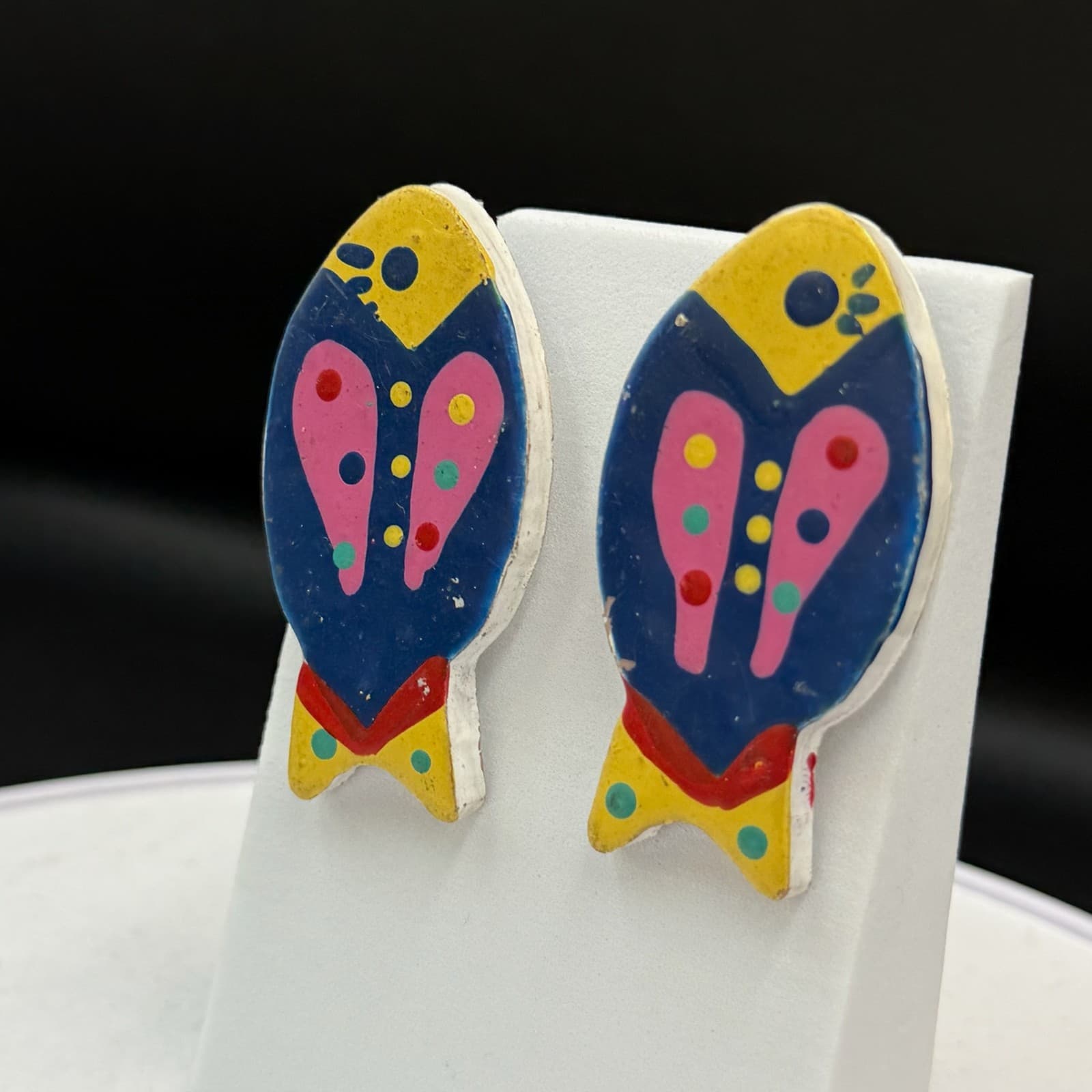 Vintage Multicolor Painted Lightweight Modern Pop Art Statement Stud Earrings - Thumbnail 3