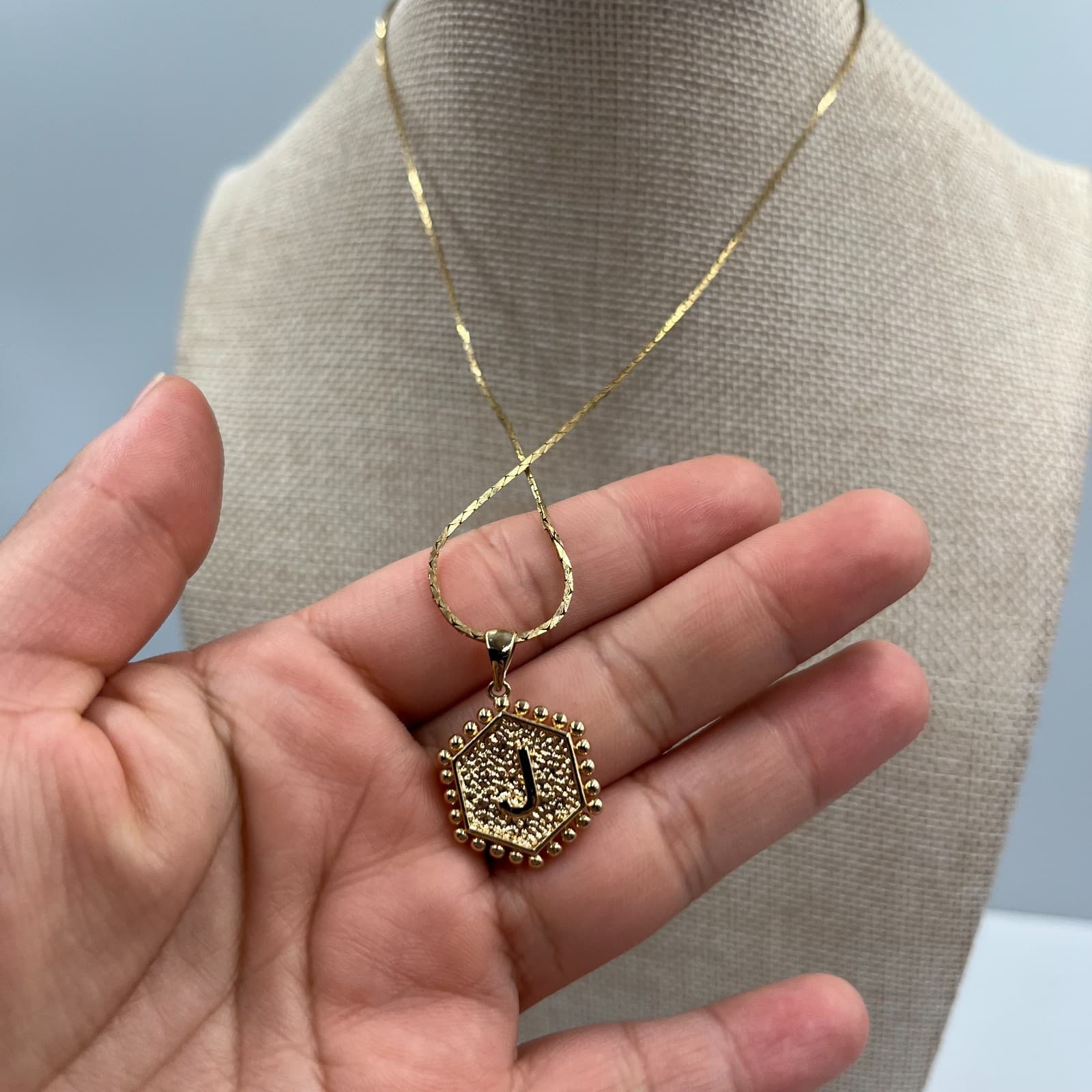 Vtg Gold Hexagon Initial J Necklace Sunburst Starburst Pendant Art Deco Style - Thumbnail 4