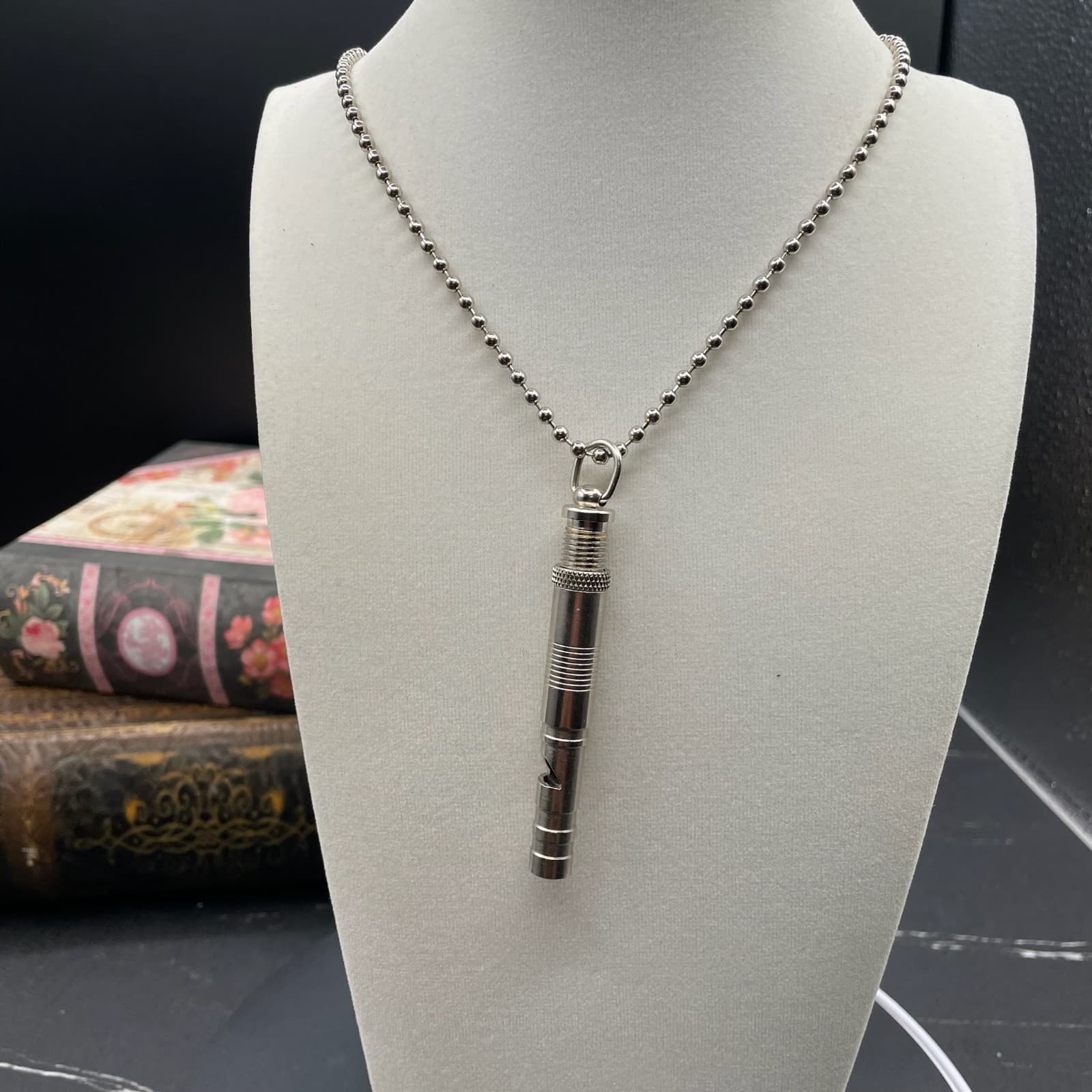 Contemporary Silver-Tone Fashion Ball Chain Metal Whistle Pendant Necklace - Thumbnail 4