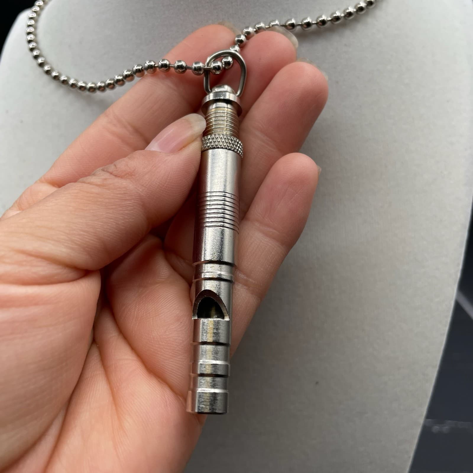 Contemporary Silver-Tone Fashion Ball Chain Metal Whistle Pendant Necklace - Thumbnail 7