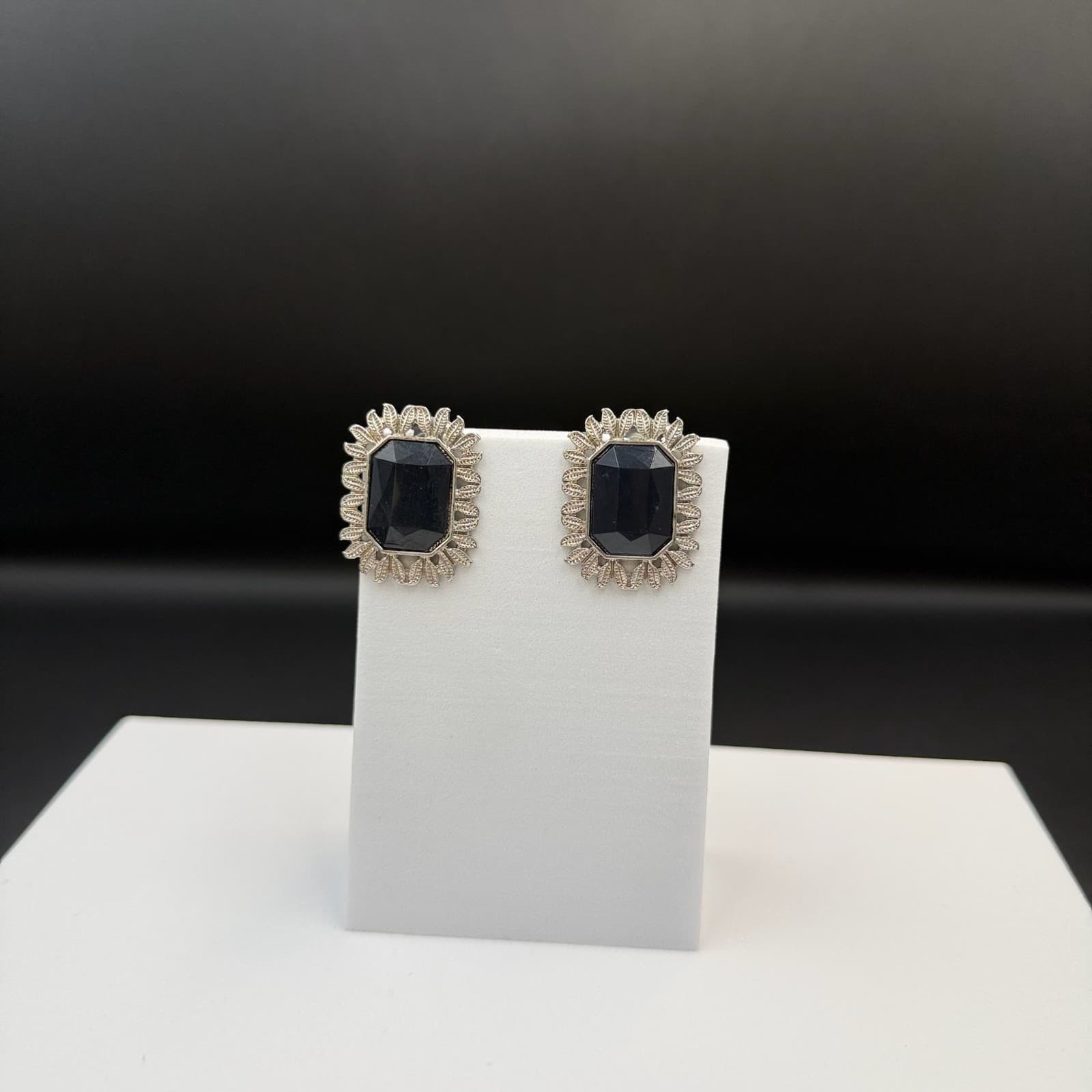 Vintage Womens Silver Pleated Black Rhinestone Fashion Wedding Earrings - Thumbnail 2