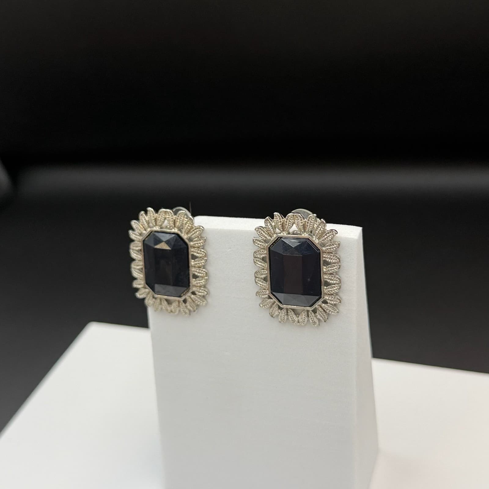 Vintage Womens Silver Pleated Black Rhinestone Fashion Wedding Earrings - Thumbnail 5