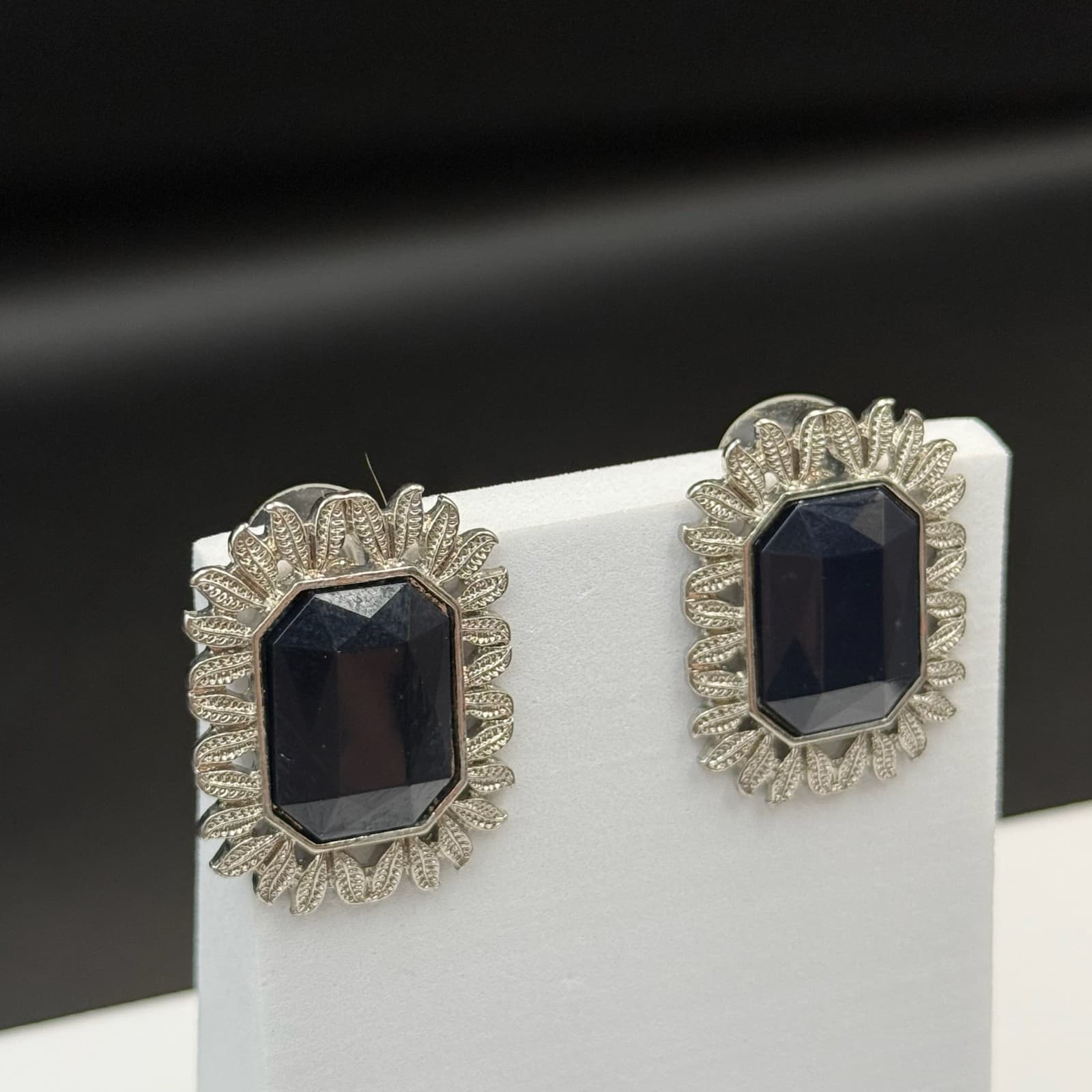 Vintage Womens Silver Pleated Black Rhinestone Fashion Wedding Earrings - Thumbnail 7