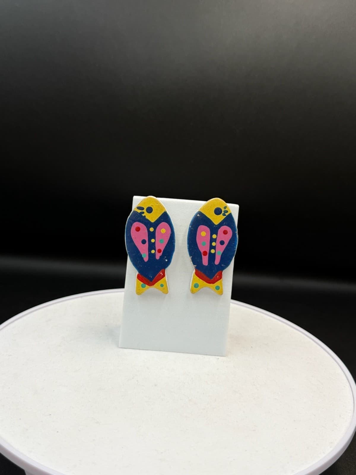 Vintage Multicolor Painted Lightweight Modern Pop Art Statement Stud Earrings - Thumbnail 2