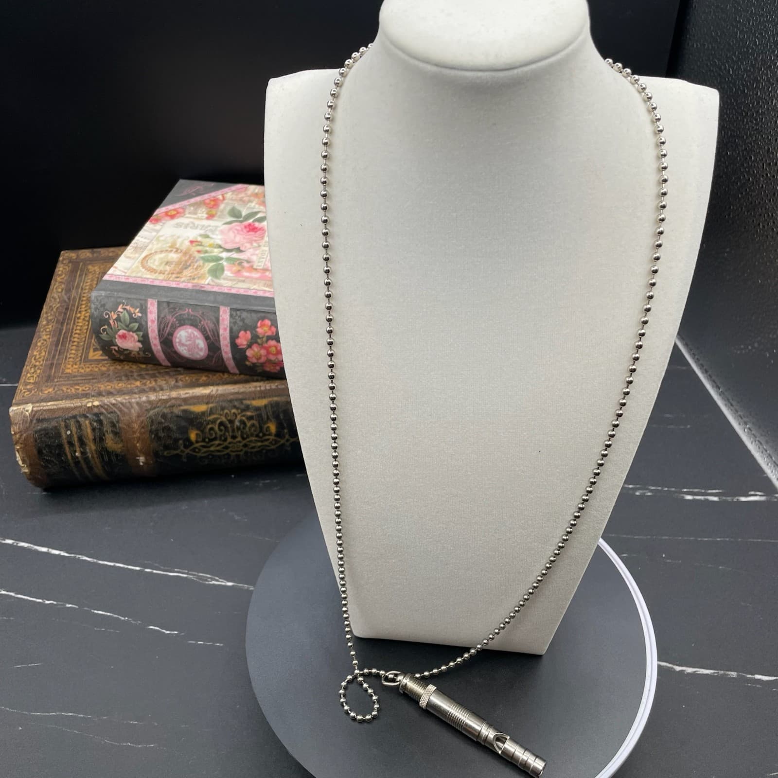 Contemporary Silver-Tone Fashion Ball Chain Metal Whistle Pendant Necklace - Thumbnail 11