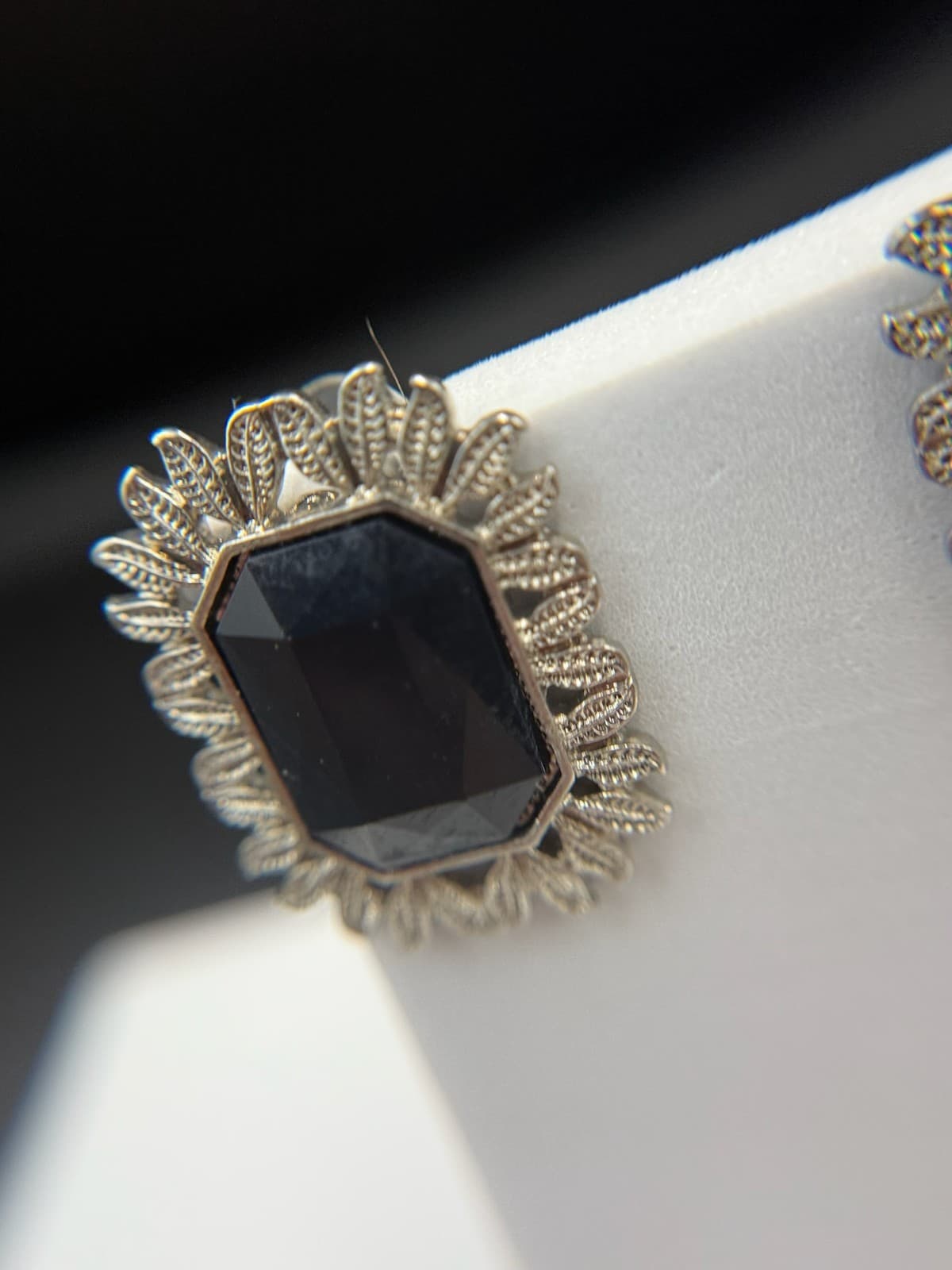 Vintage Womens Silver Pleated Black Rhinestone Fashion Wedding Earrings - Thumbnail 11