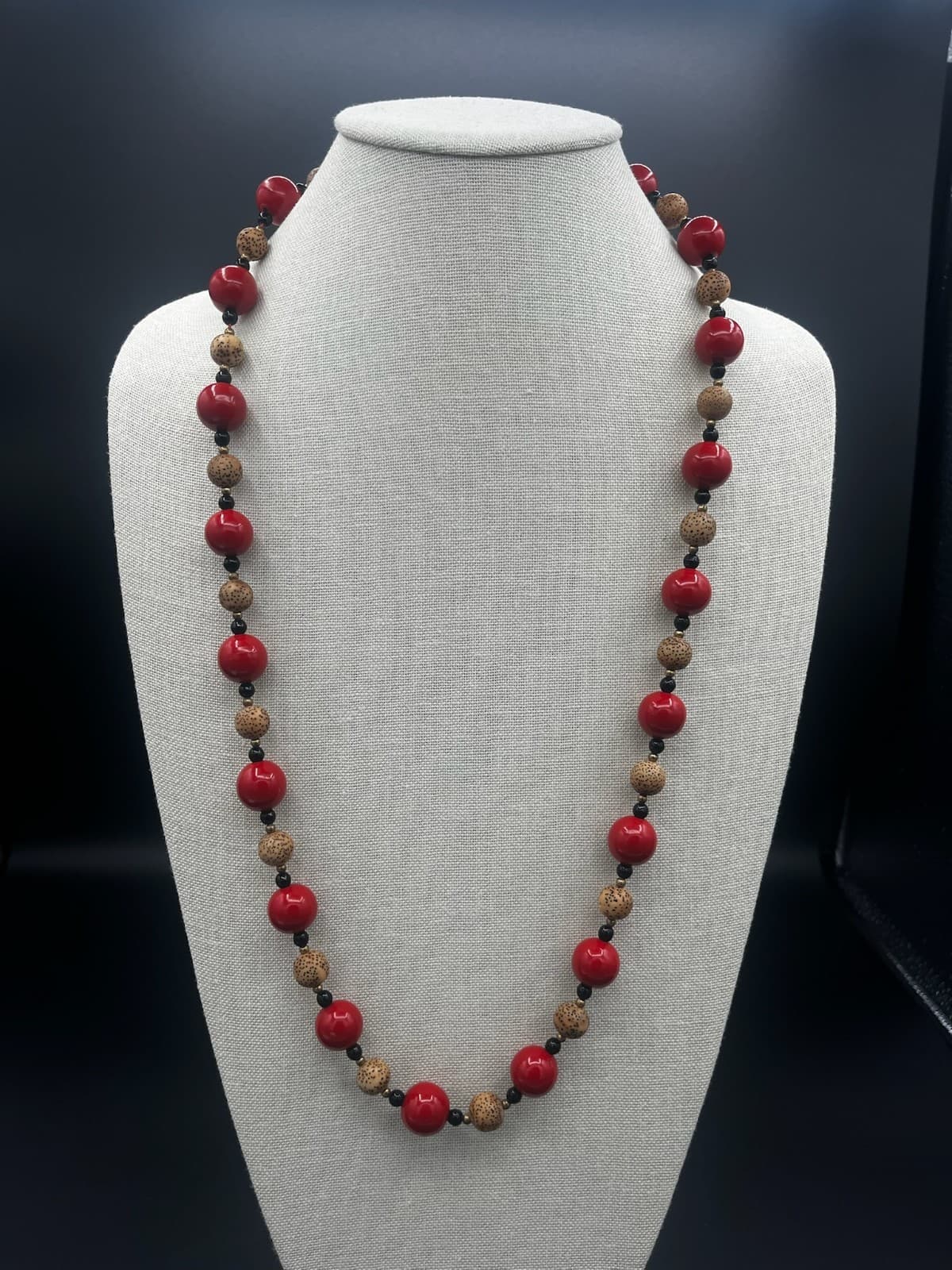 Vintage Long Red Tan Black Beaded Fashion Necklace Boho Statement Jewelry - Image 1