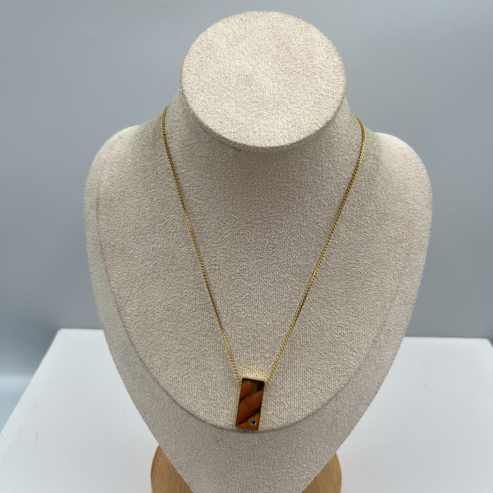 Vintage Gold Bar Pendant Blue Stone Necklace Retro 18 Inch Layering Chain Gift - Image 1