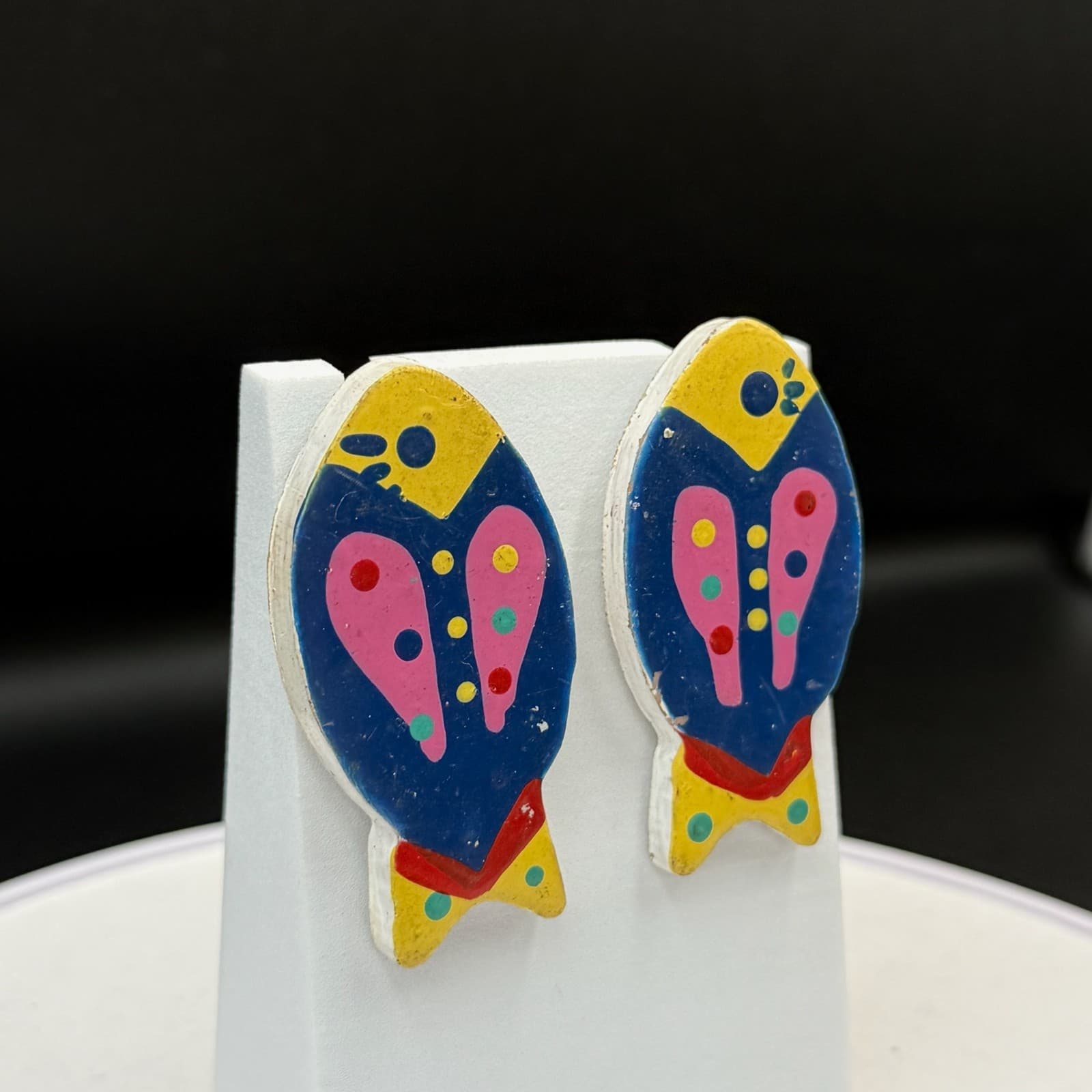 Vintage Multicolor Painted Lightweight Modern Pop Art Statement Stud Earrings - Thumbnail 6