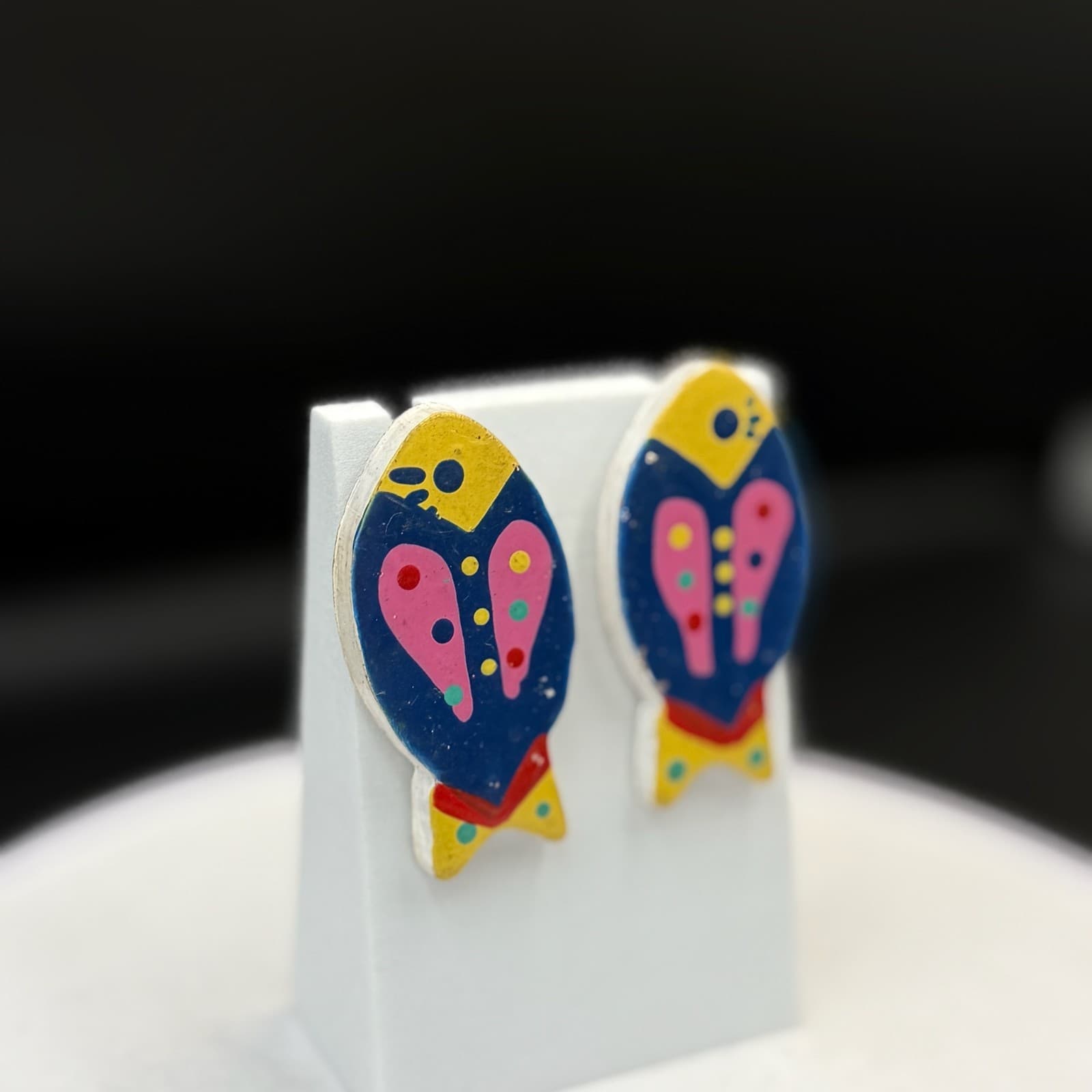 Vintage Multicolor Painted Lightweight Modern Pop Art Statement Stud Earrings - Thumbnail 5