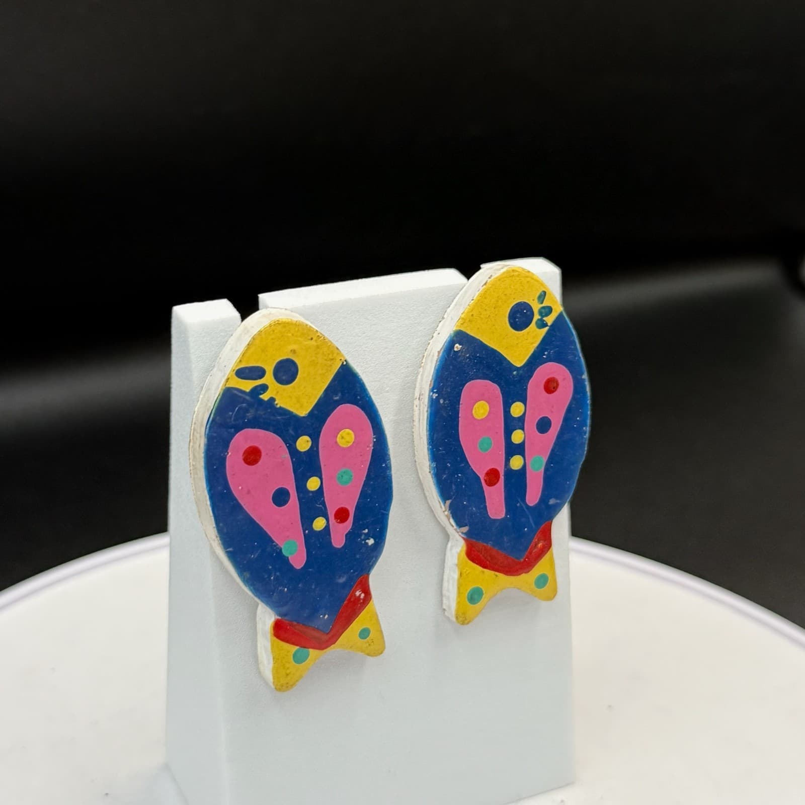 Vintage Multicolor Painted Lightweight Modern Pop Art Statement Stud Earrings - Thumbnail 7