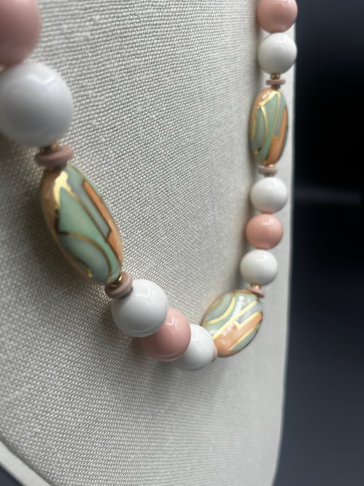 Vintage Pink White Green Ceramic Bead Necklace w/ Copper Spacers Statement - Thumbnail 2
