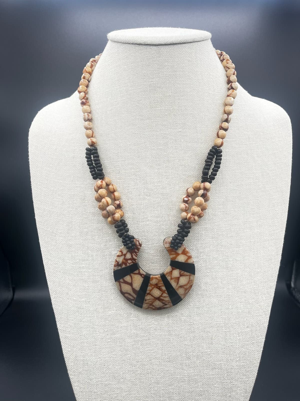 Vintage Handmade Tribal Statement Necklace Chunky Wood Black Bead Ethnic Boho - Image 1
