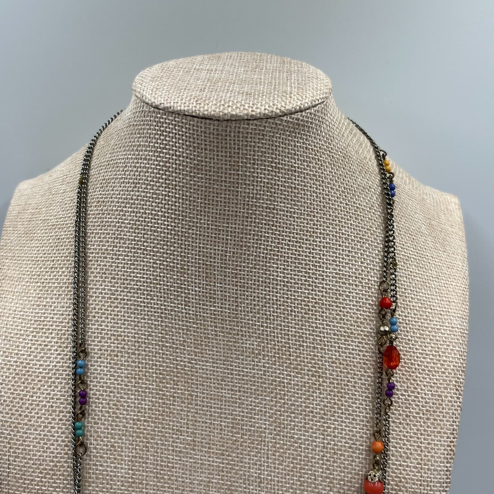 Vintage Multi Strand Necklace Boho Beaded Colorful Glass Cloisonné Flower Silver - Thumbnail 2