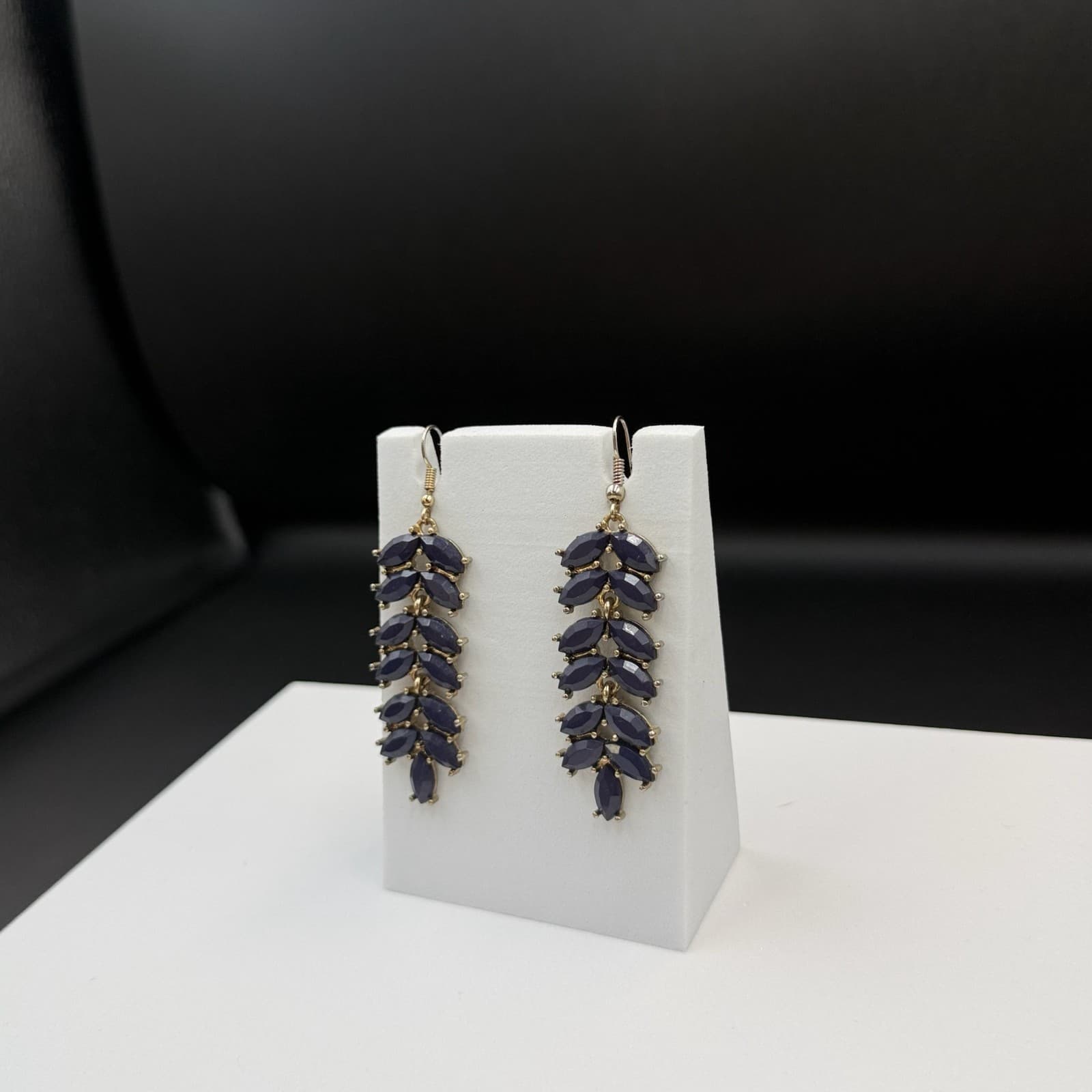 Vintage Womens Navy Gold-Plated Stone-Studded Leaf-Shaped Dangle Fashion Earring - Thumbnail 8