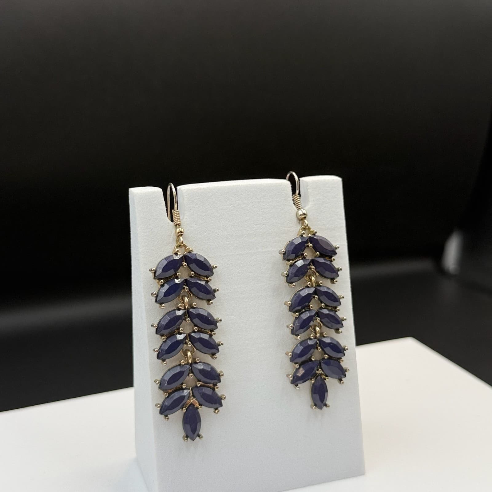 Vintage Womens Navy Gold-Plated Stone-Studded Leaf-Shaped Dangle Fashion Earring - Thumbnail 16