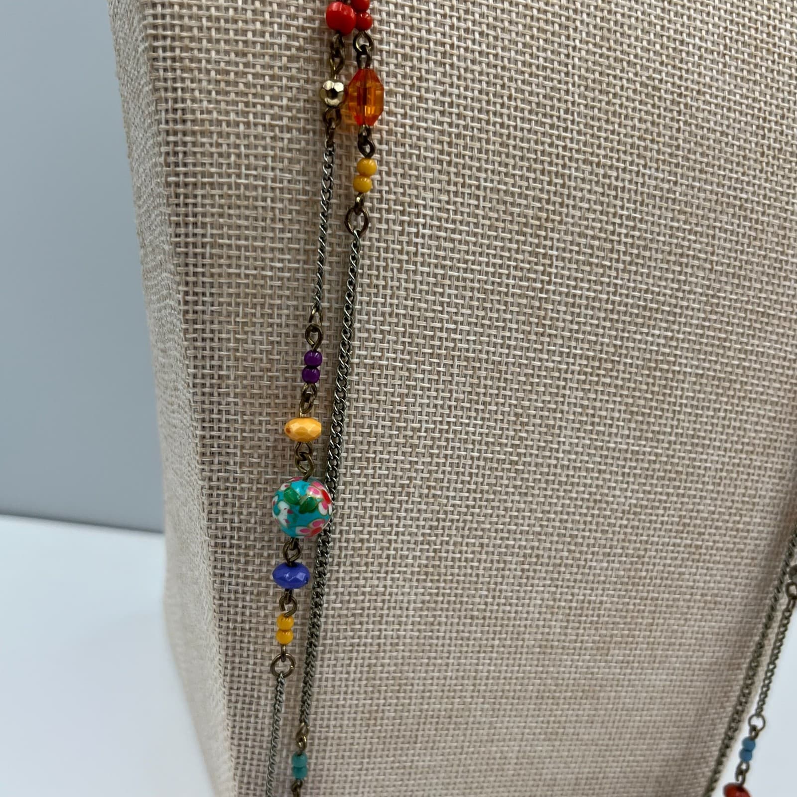 Vintage Multi Strand Necklace Boho Beaded Colorful Glass Cloisonné Flower Silver - Thumbnail 4