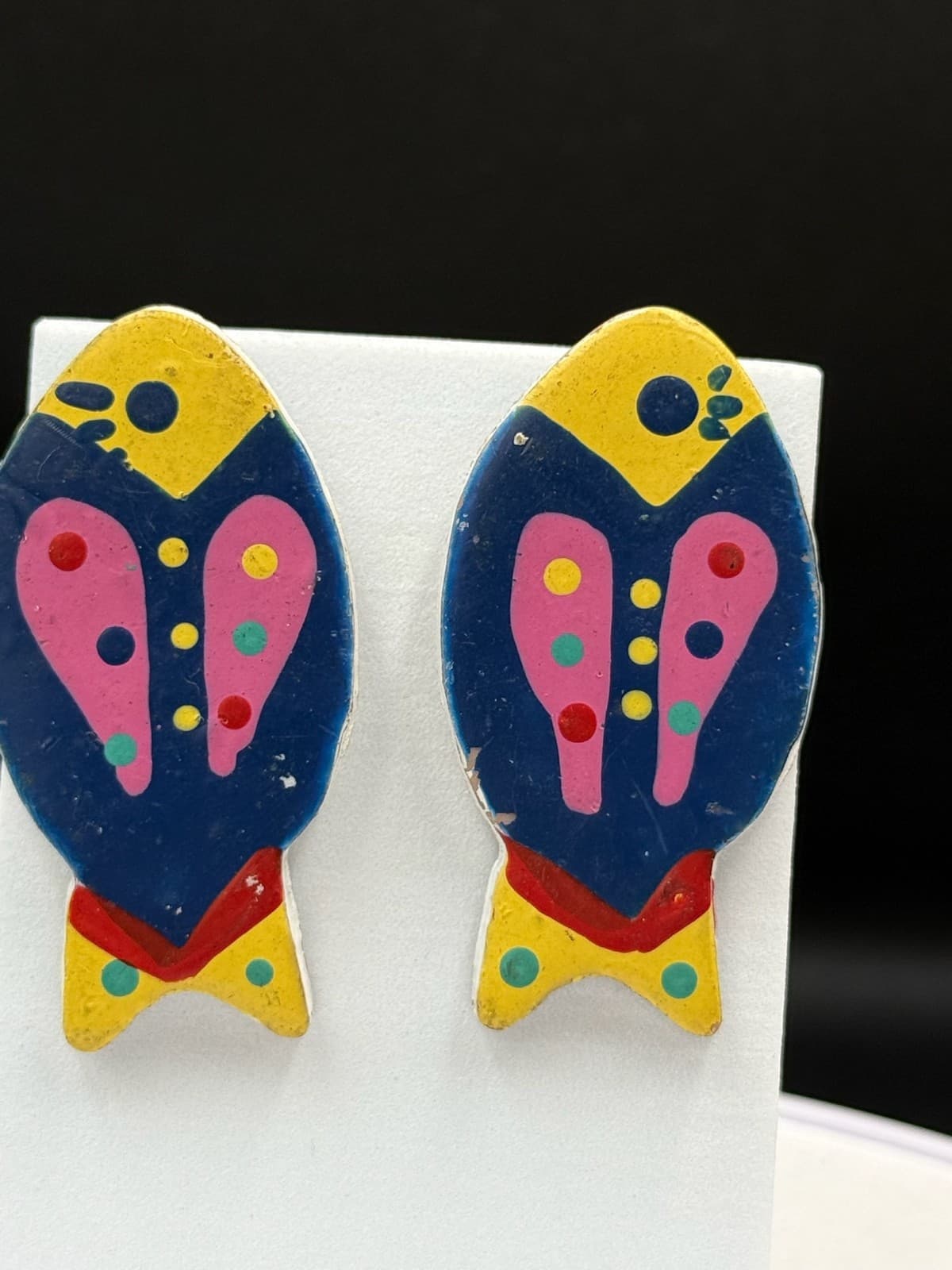 Vintage Multicolor Painted Lightweight Modern Pop Art Statement Stud Earrings - Thumbnail 9