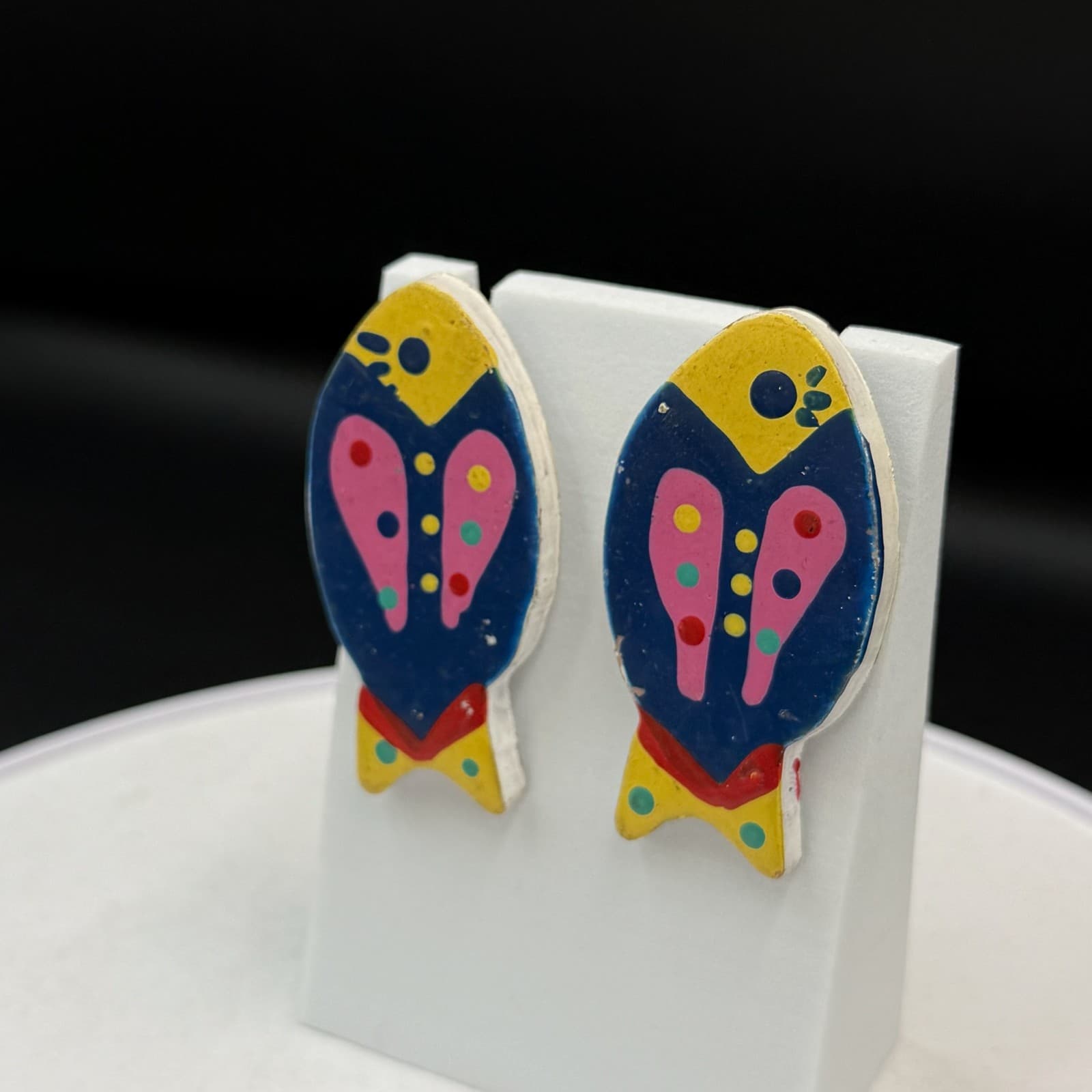 Vintage Multicolor Painted Lightweight Modern Pop Art Statement Stud Earrings - Thumbnail 4