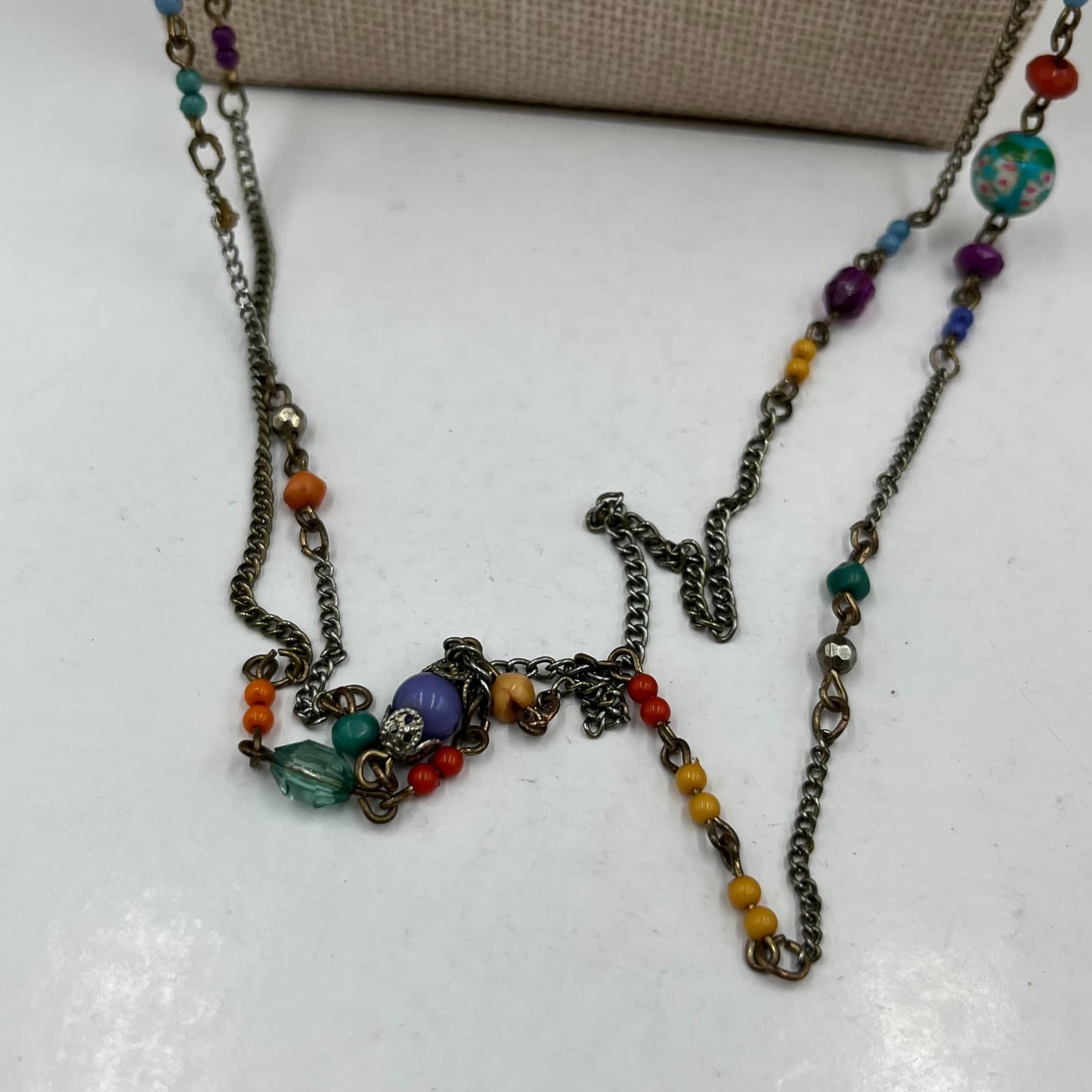 Vintage Multi Strand Necklace Boho Beaded Colorful Glass Cloisonné Flower Silver - Thumbnail 3