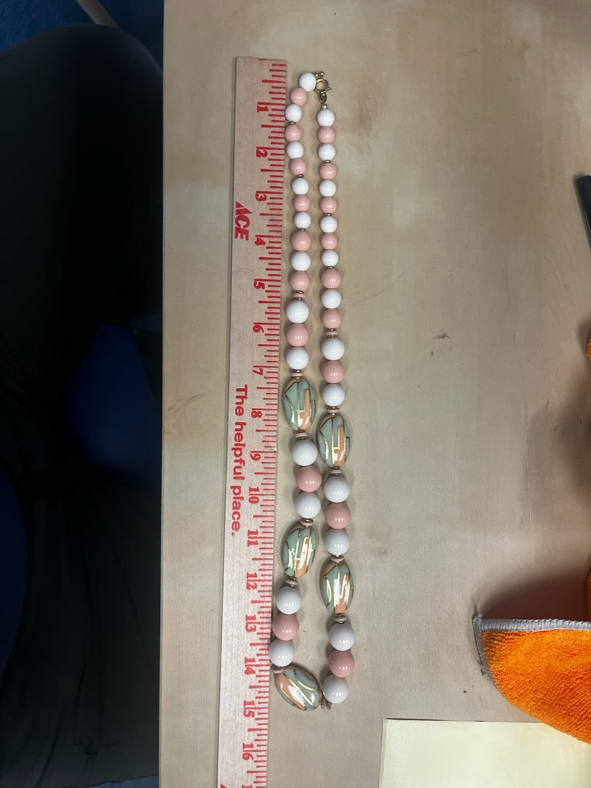 Vintage Pink White Green Ceramic Bead Necklace w/ Copper Spacers Statement - Thumbnail 5