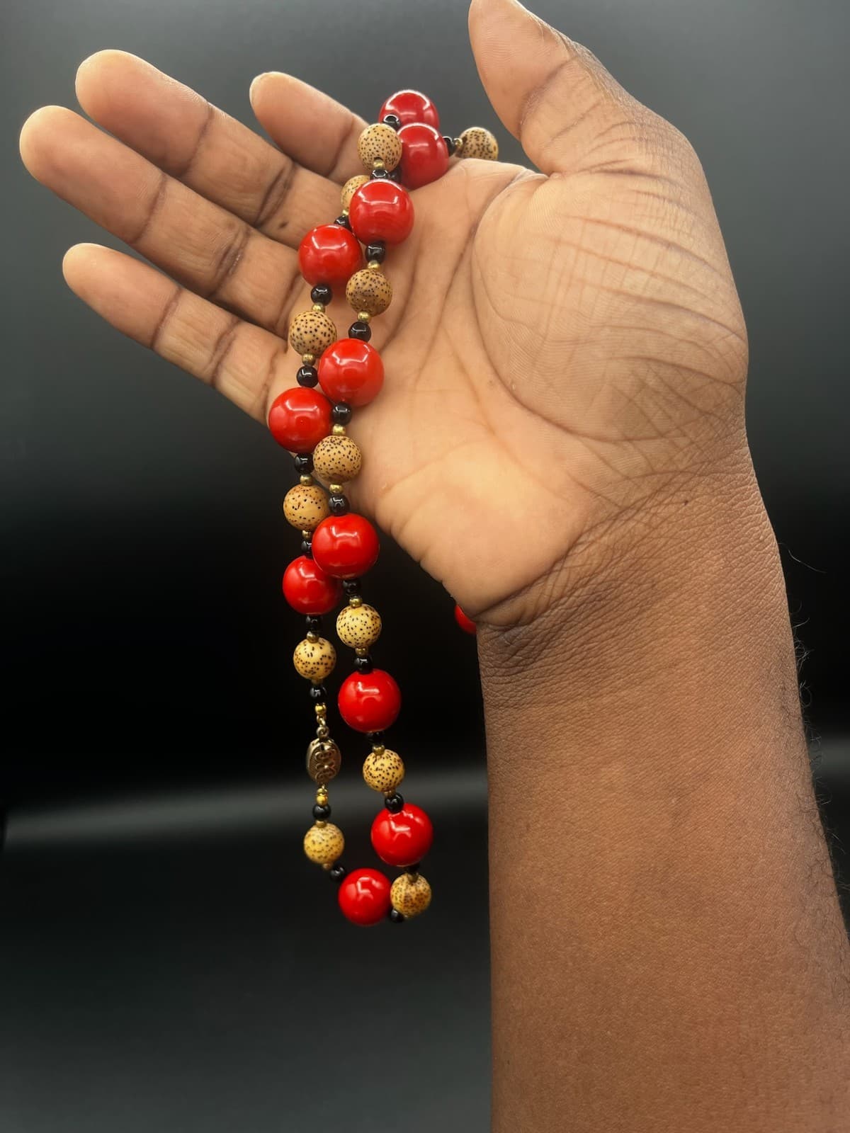 Vintage Long Red Tan Black Beaded Fashion Necklace Boho Statement Jewelry - Thumbnail 10