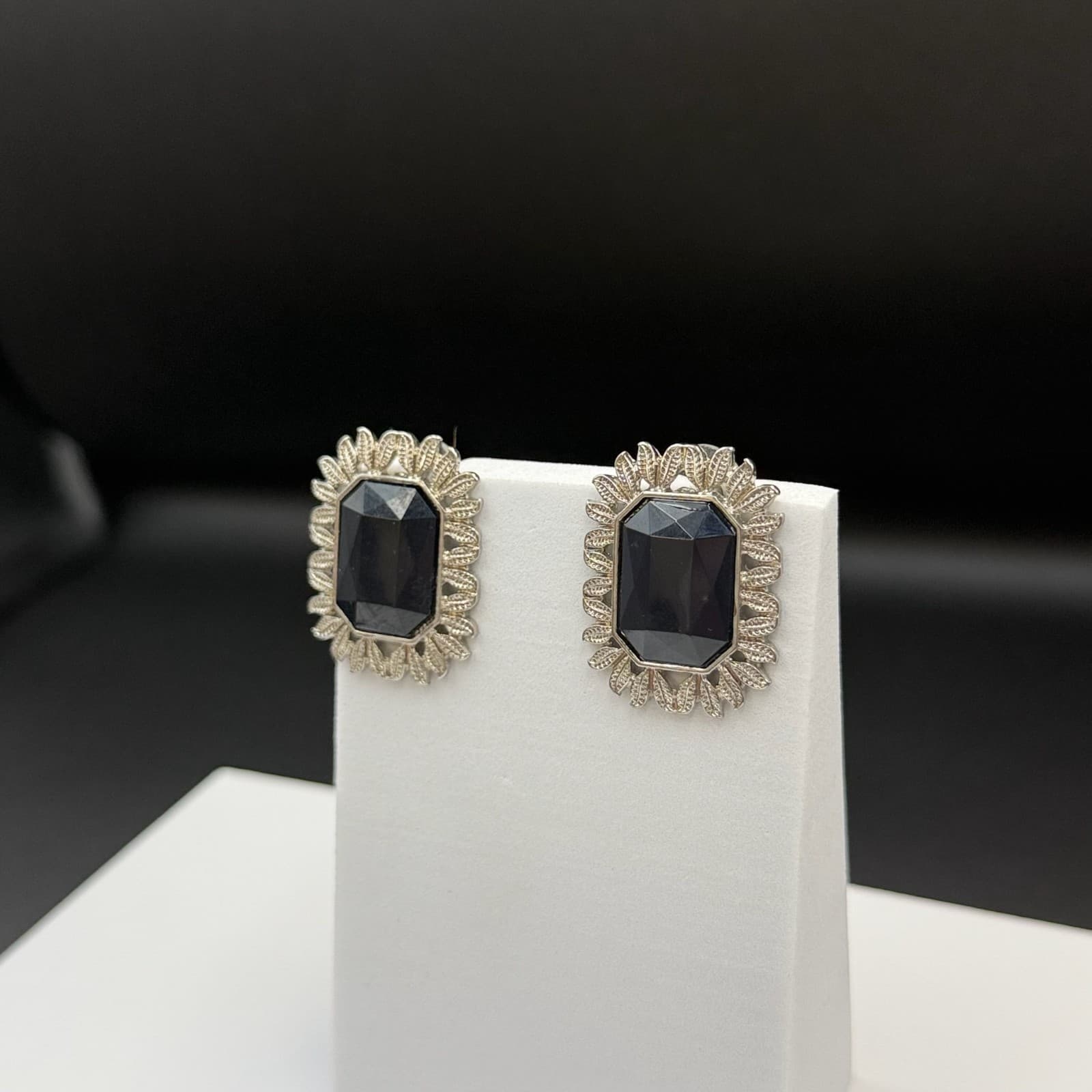 Vintage Womens Silver Pleated Black Rhinestone Fashion Wedding Earrings - Thumbnail 4