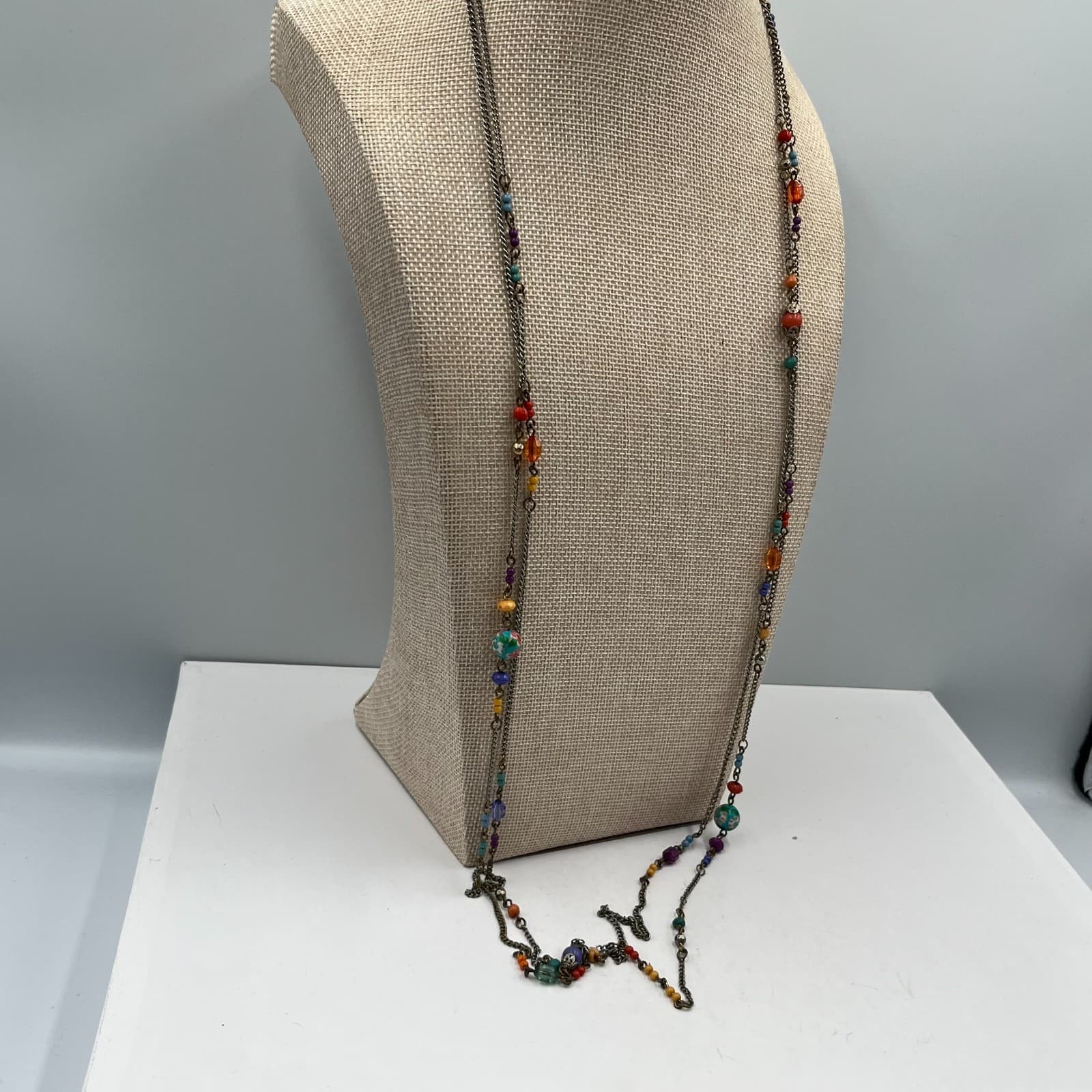 Vintage Multi Strand Necklace Boho Beaded Colorful Glass Cloisonné Flower Silver - Thumbnail 5