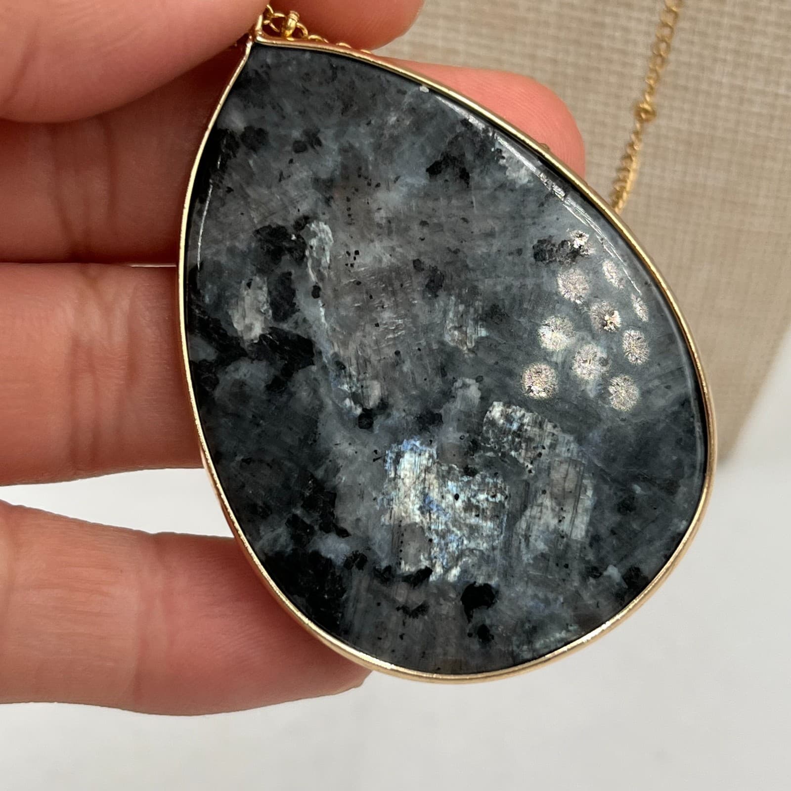 Vtg Gray Moonstone Teardrop Pendant Gold Satellite Chain Necklace Boho Jewelry - Thumbnail 4