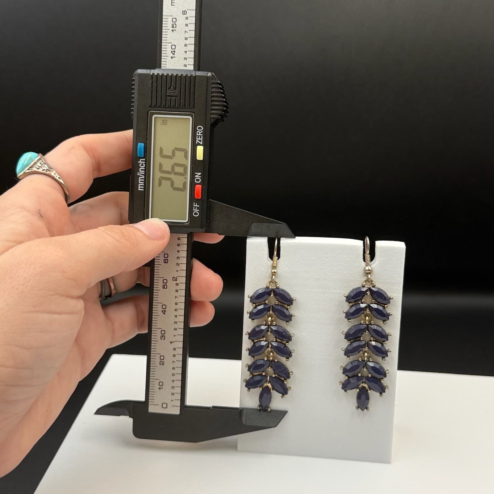 Vintage Womens Navy Gold-Plated Stone-Studded Leaf-Shaped Dangle Fashion Earring - Thumbnail 20