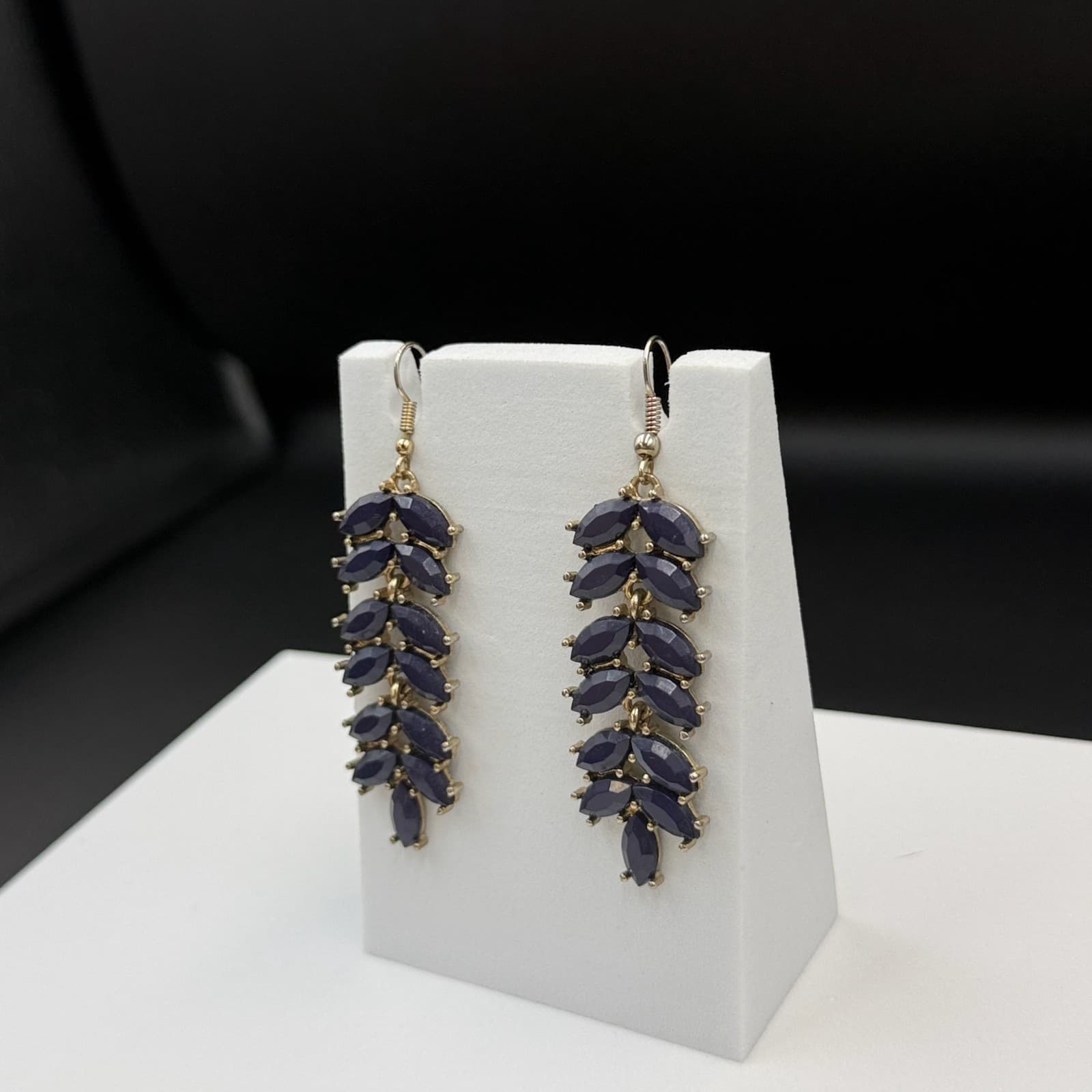 Vintage Womens Navy Gold-Plated Stone-Studded Leaf-Shaped Dangle Fashion Earring - Thumbnail 9