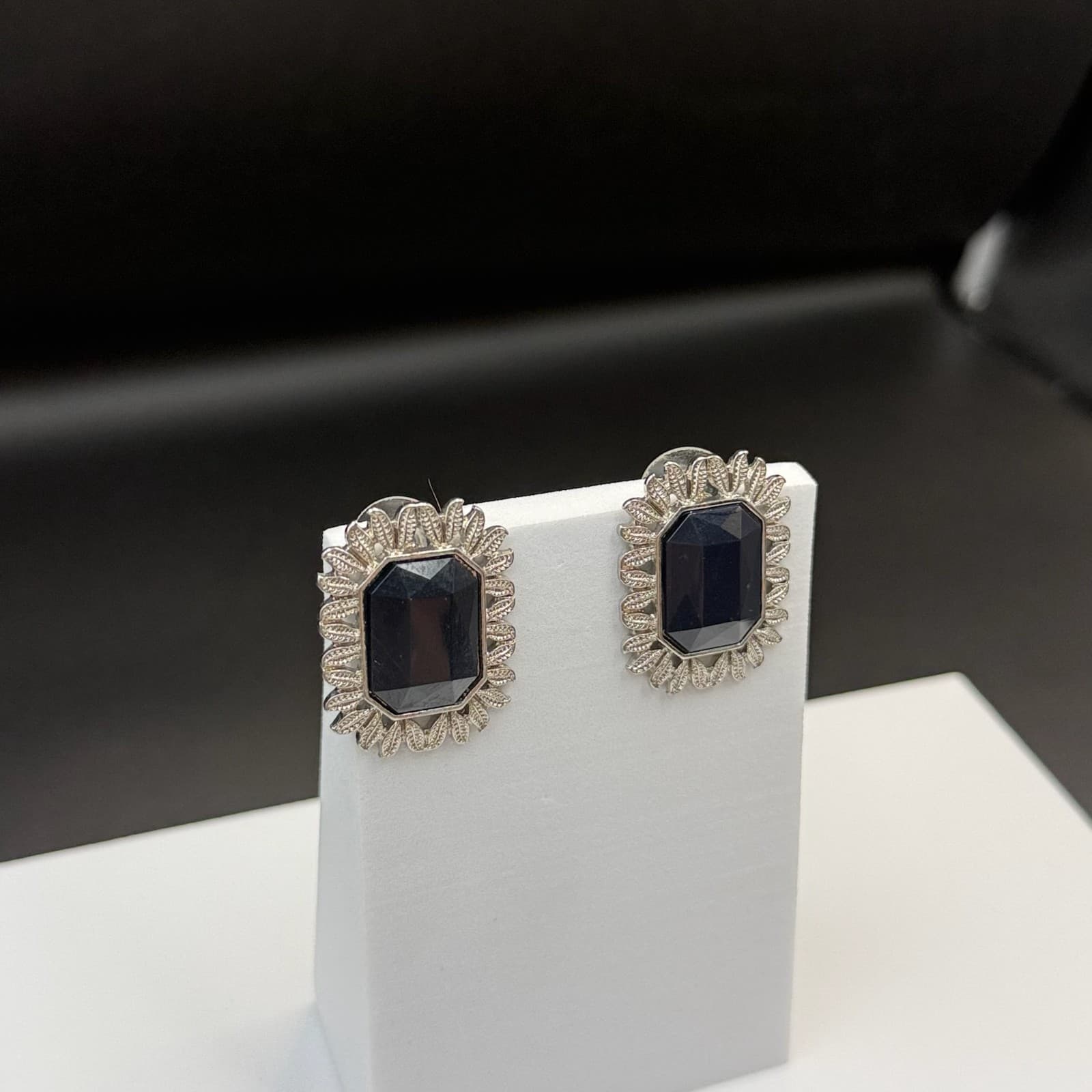 Vintage Womens Silver Pleated Black Rhinestone Fashion Wedding Earrings - Thumbnail 6