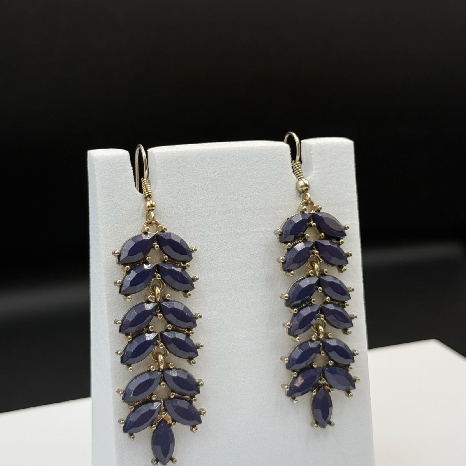 Vintage Womens Navy Gold-Plated Stone-Studded Leaf-Shaped Dangle Fashion Earring - Thumbnail 15