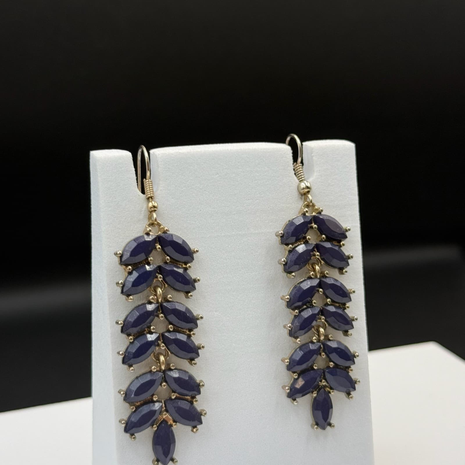 Vintage Womens Navy Gold-Plated Stone-Studded Leaf-Shaped Dangle Fashion Earring - Thumbnail 14