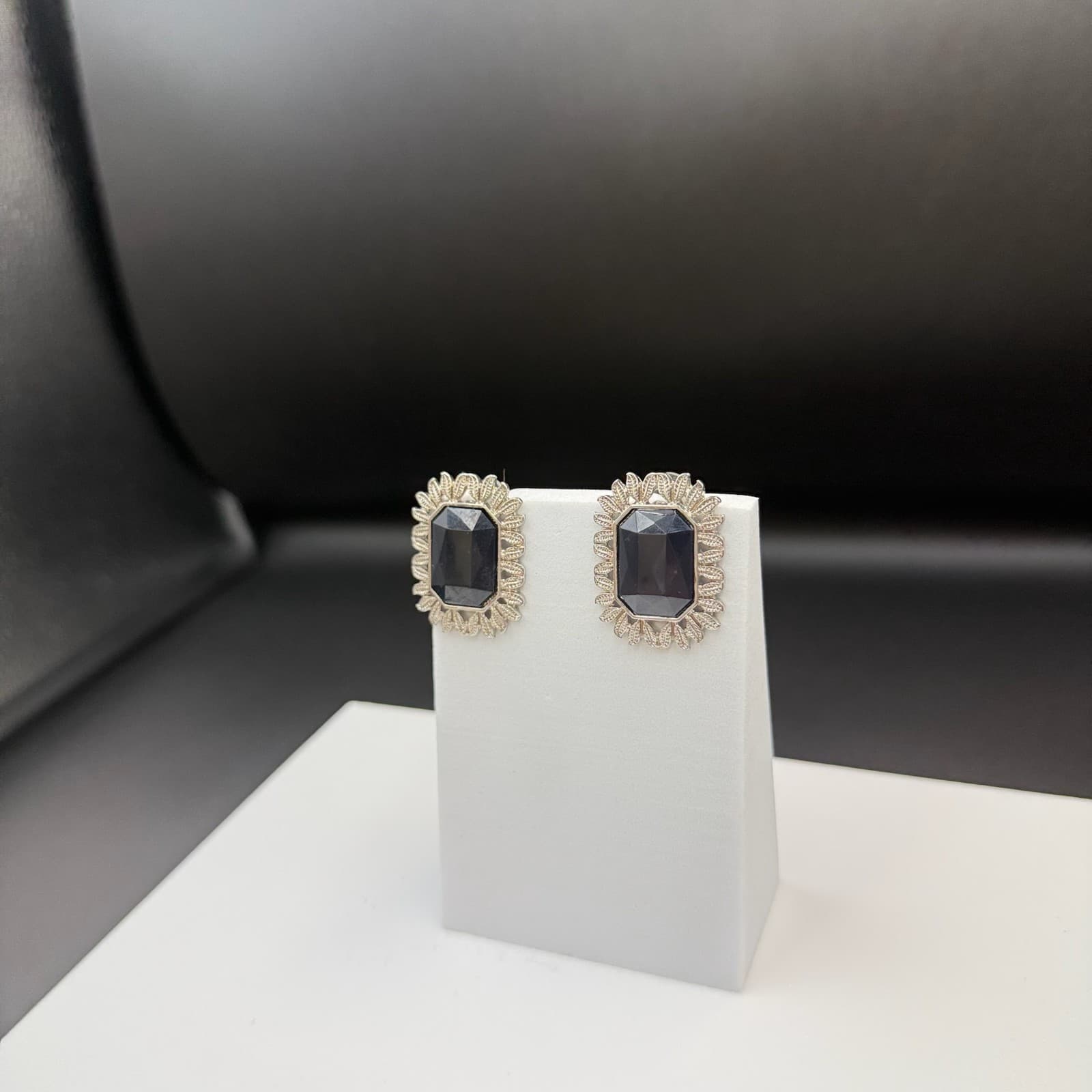 Vintage Womens Silver Pleated Black Rhinestone Fashion Wedding Earrings - Thumbnail 3