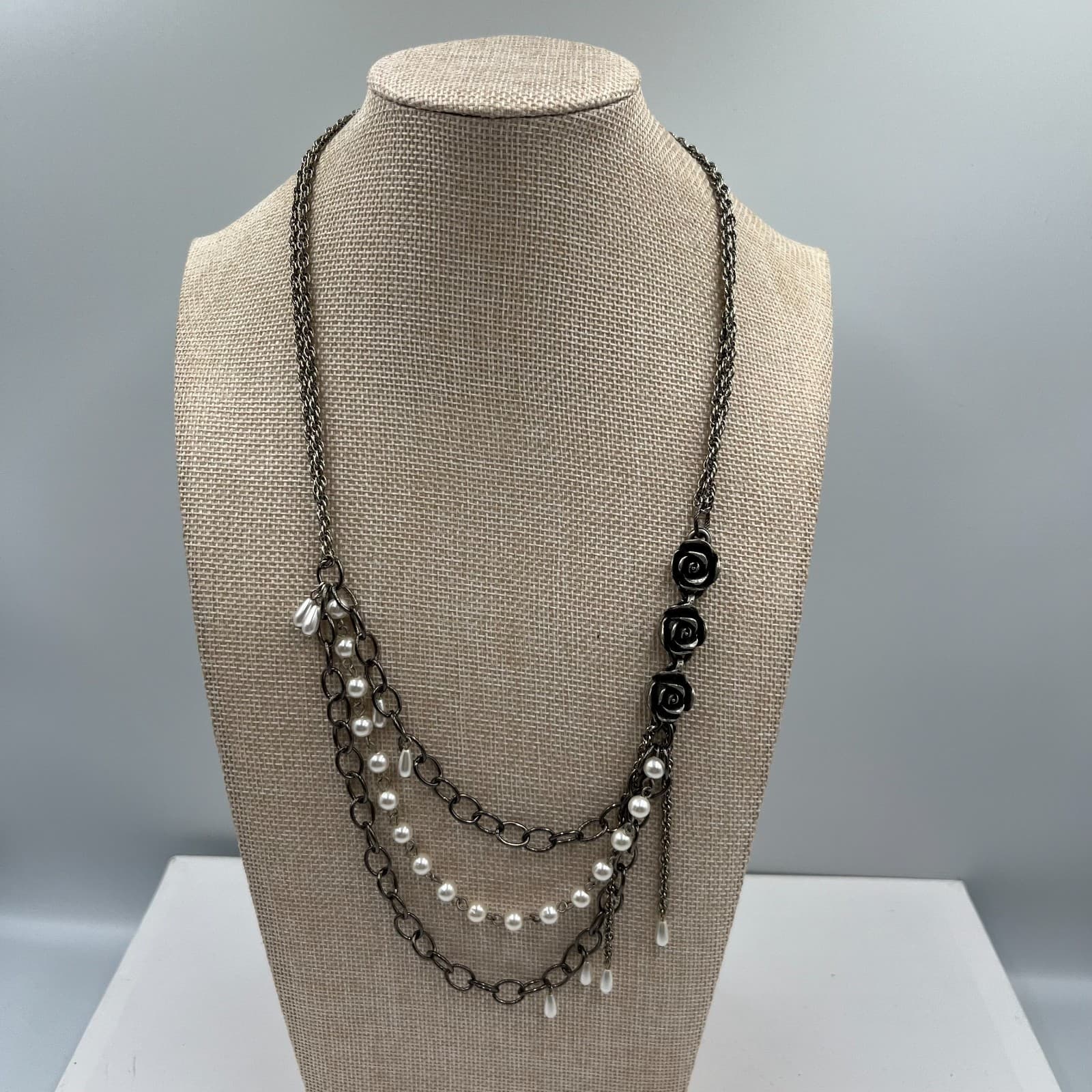 Vintage RACHEL Rose Pearl Multi-Strand Necklace Shabby Chic Romantic Boho Pink - Image 1