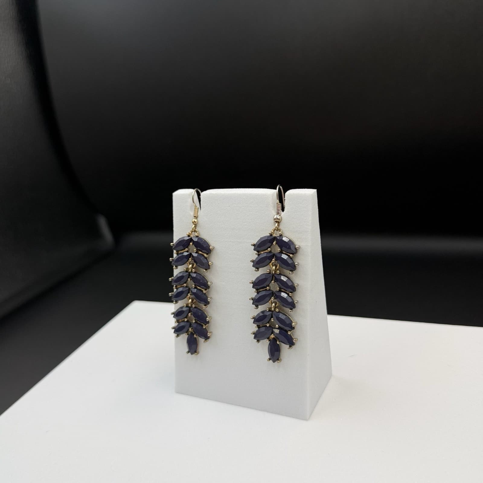 Vintage Womens Navy Gold-Plated Stone-Studded Leaf-Shaped Dangle Fashion Earring - Thumbnail 7