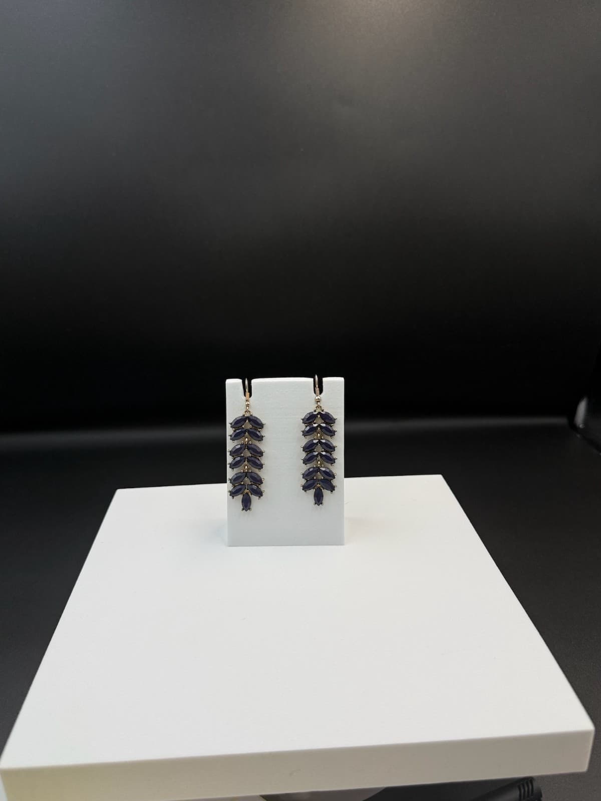 Vintage Womens Navy Gold-Plated Stone-Studded Leaf-Shaped Dangle Fashion Earring - Thumbnail 6