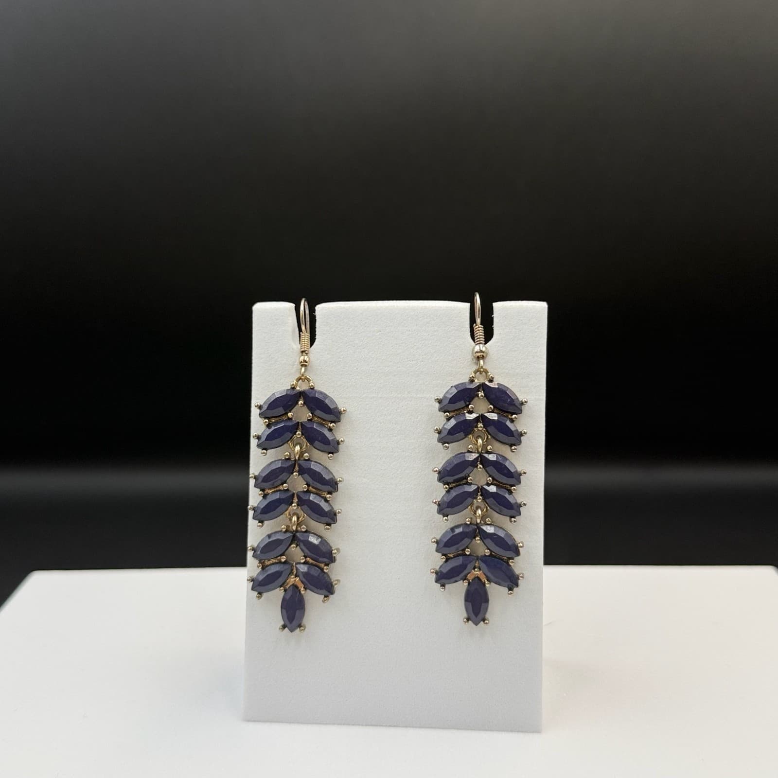 Vintage Womens Navy Gold-Plated Stone-Studded Leaf-Shaped Dangle Fashion Earring - Thumbnail 19