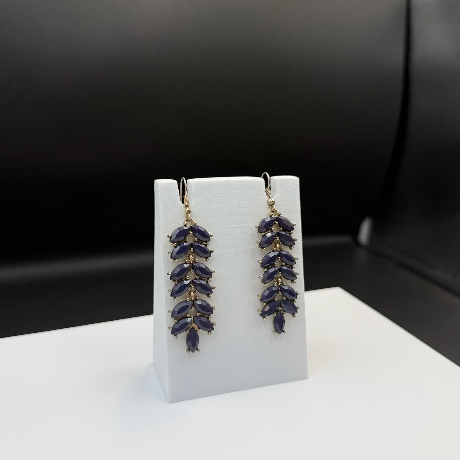 Vintage Womens Navy Gold-Plated Stone-Studded Leaf-Shaped Dangle Fashion Earring - Thumbnail 11