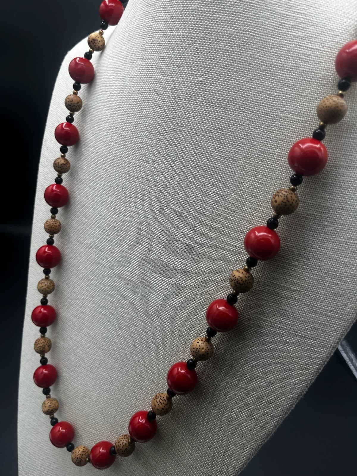Vintage Long Red Tan Black Beaded Fashion Necklace Boho Statement Jewelry - Thumbnail 7