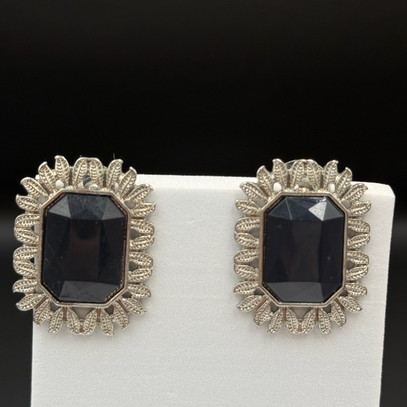 Vintage Womens Silver Pleated Black Rhinestone Fashion Wedding Earrings - Thumbnail 8