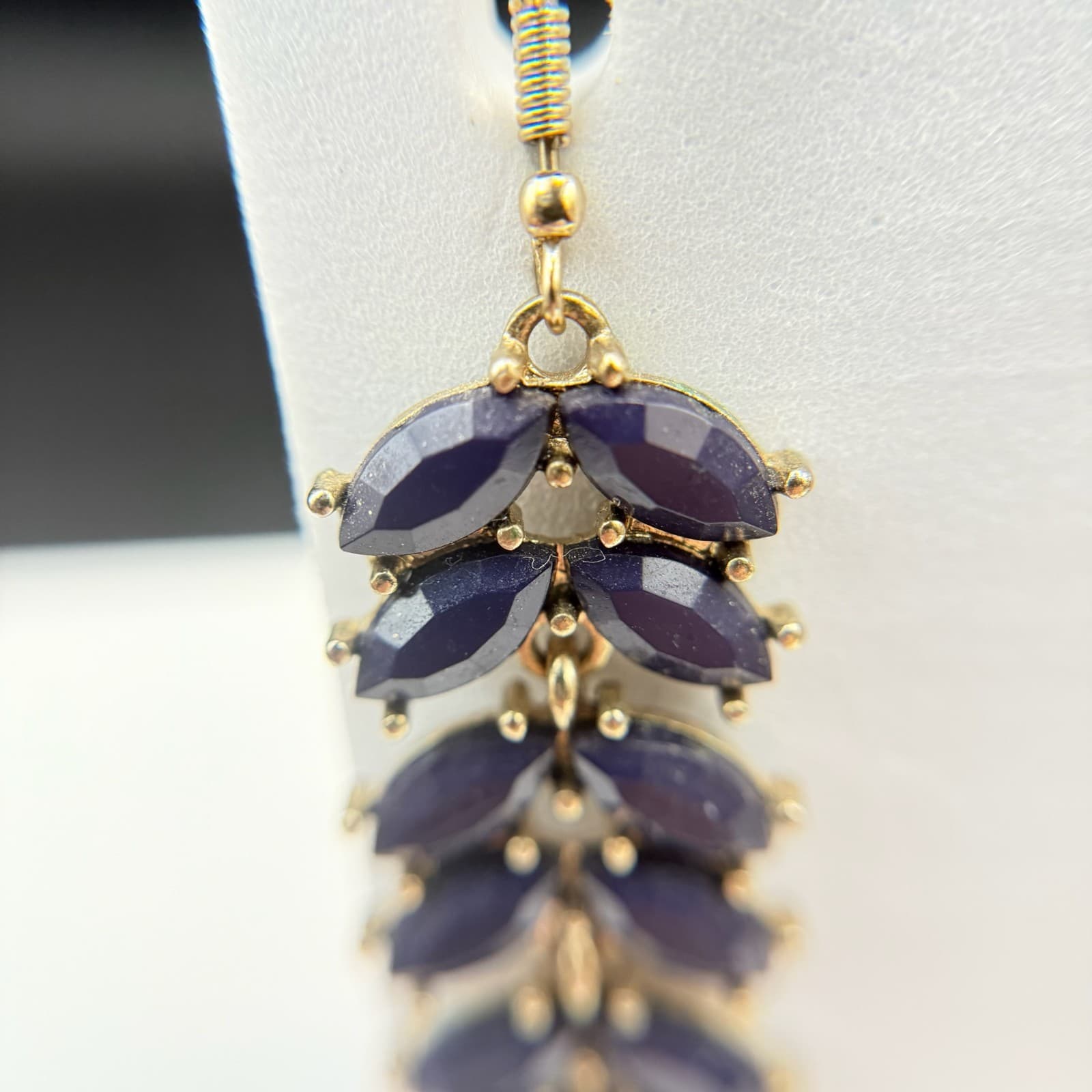 Vintage Womens Navy Gold-Plated Stone-Studded Leaf-Shaped Dangle Fashion Earring - Thumbnail 4